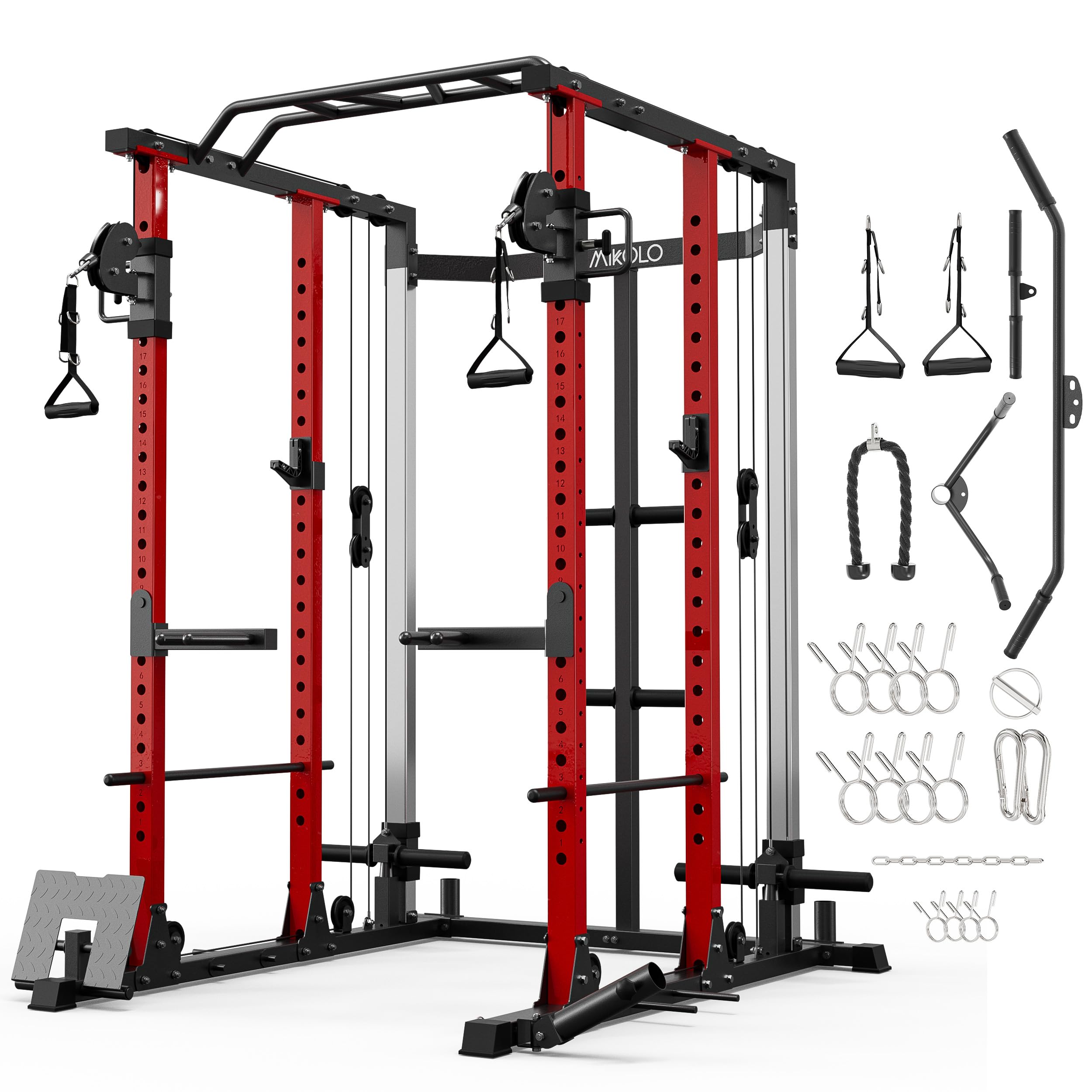 Mikolo Power Cage, 2200lbs Multi-Function Power Rack with Functional Trainer, Dual Independent Pulley System and More Training Attachment PC07-R