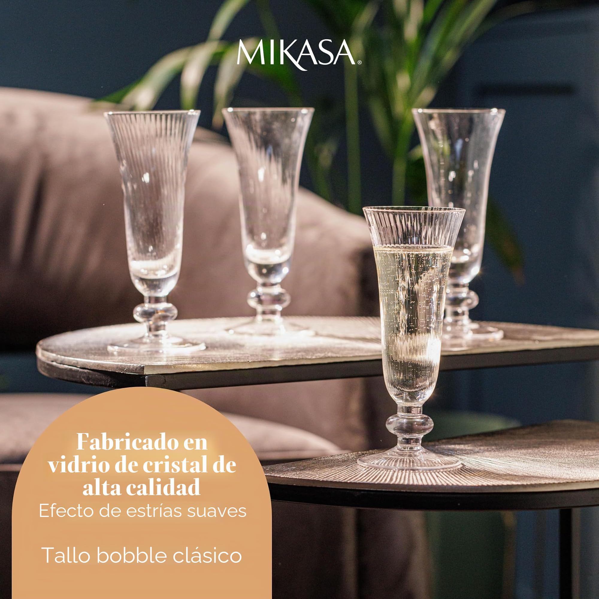Mikasa Salerno Copas de Cristal para Champán, 170ml, Juego de 4 Copas de Cristal Fino Transparente sin Plomo con Pie Corto y Borde Ancho - Aptas para Lavavajillas