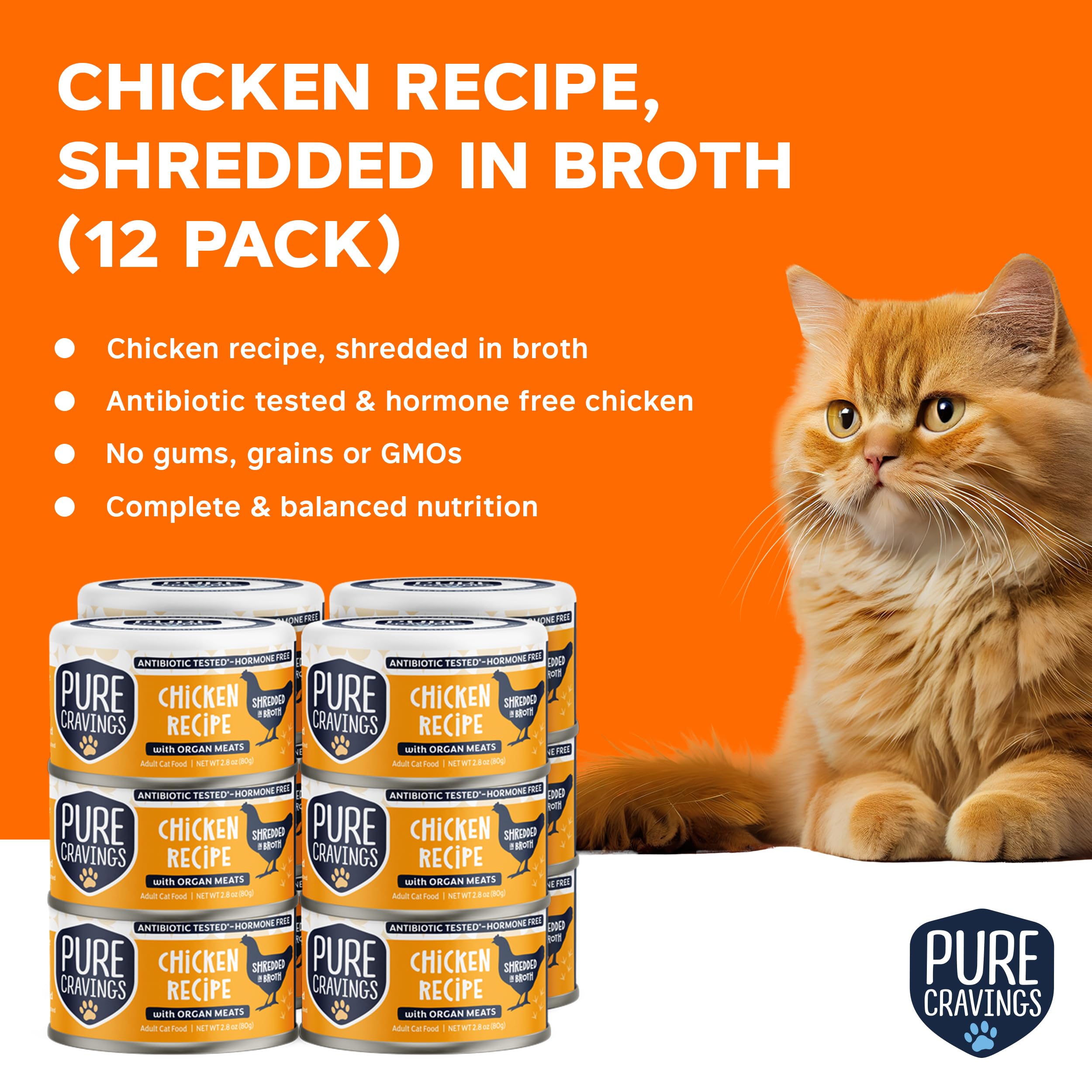 Pure Cravings Chicken Recipe in Broth, Shredded Wet Cat Food, Grain-Free Protein, Non-GMO, 12 Pack