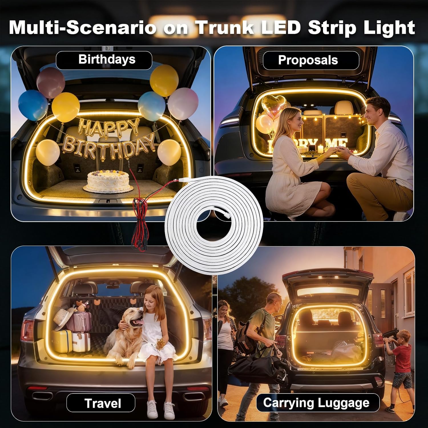 Pasek świetlny do bagażnika, 4 m, Dynamic Flowing Car Trunk Light Strip, oświetlenie do bagażnika, oświetlenie wewnętrzne samochodu, automatyczny czujnik, do dekoracji bagażnika samochodowego
