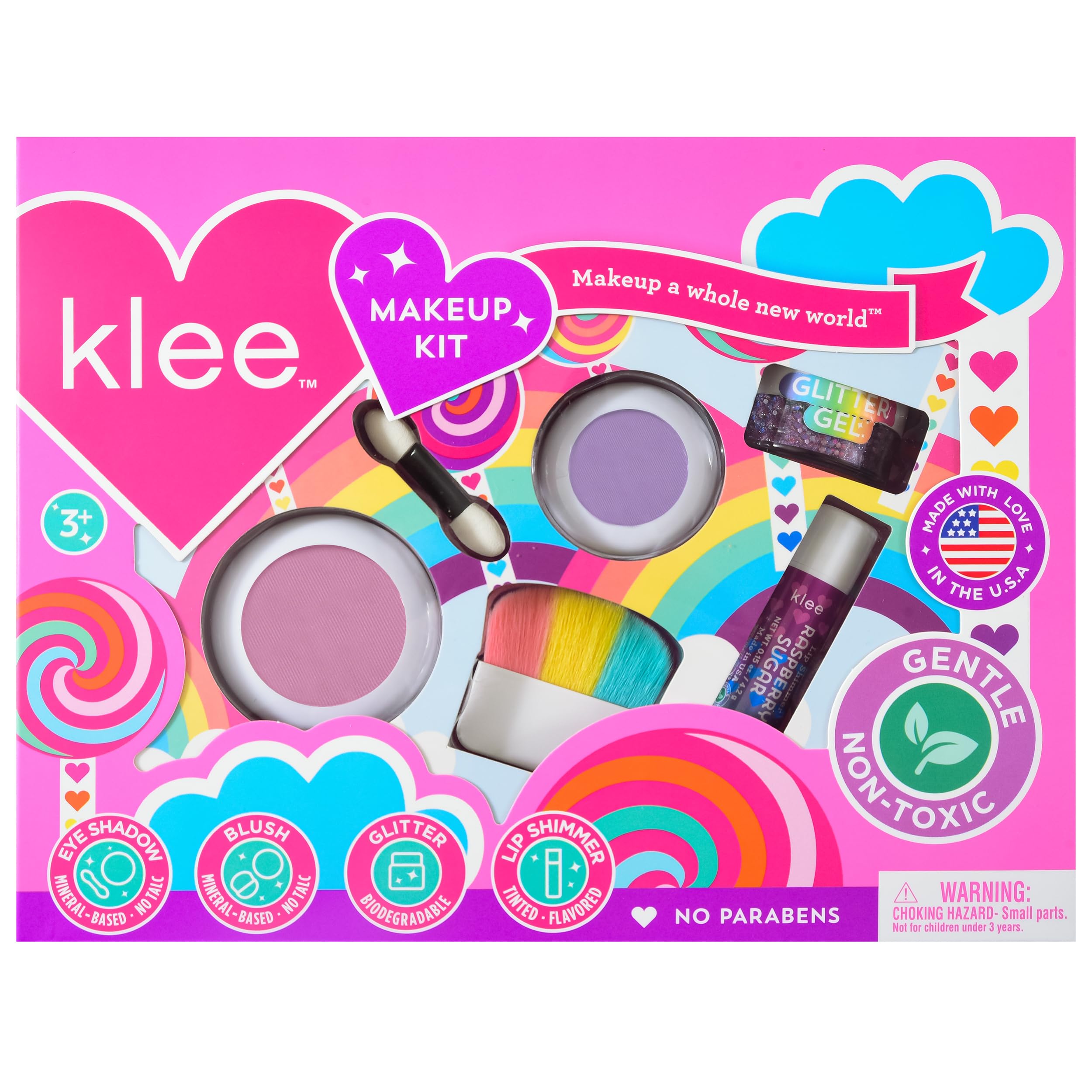 Klee Naturals Makeup Kit with Eye Shadow, Blush, Glitter Gel and Lip Shimmer. Kid-Friendly and Non-Toxic. Made in USA. (Whirl With It)