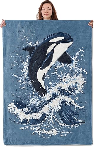 Manta de ballena asesina saltando, suave, cálida y acogedora, regalos para adultos, niños y mujeres, manta de franela ligera y mullida para sofá,