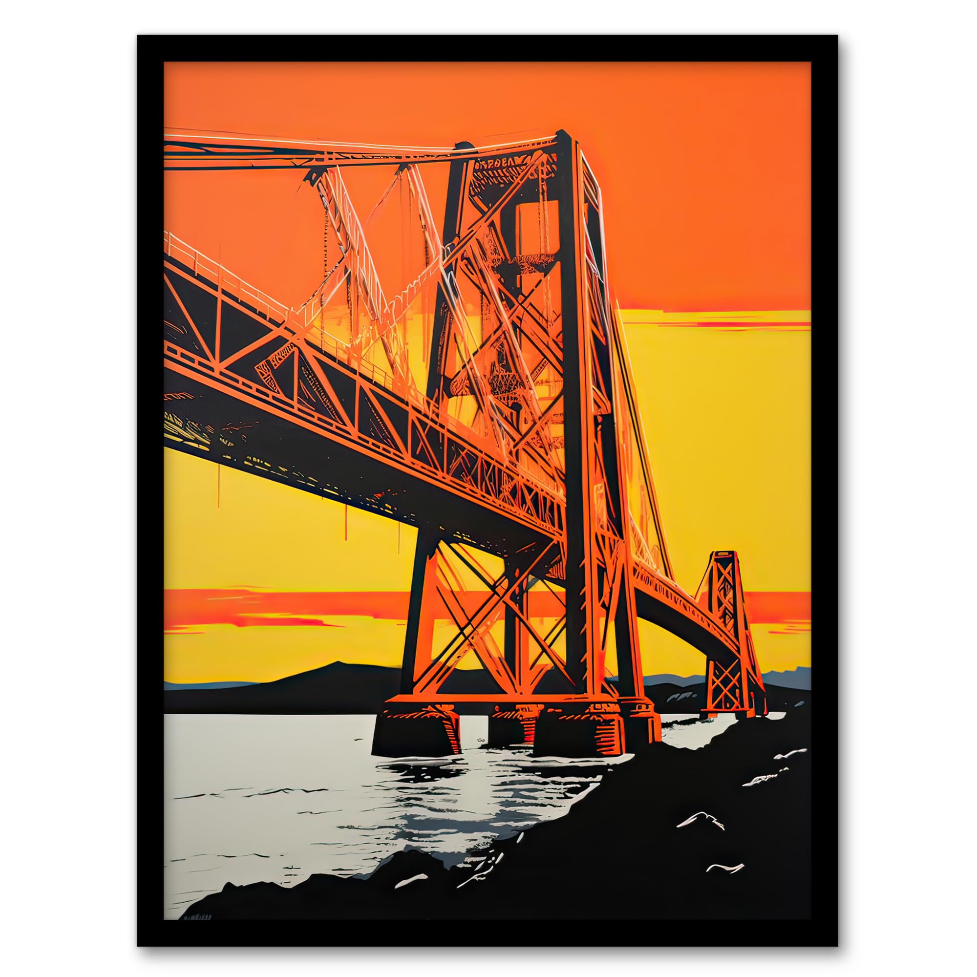 Artery8 Forth Rail Bridge Vibrant Orange Yellow Blue Artwork Framed Wall Art Print A4