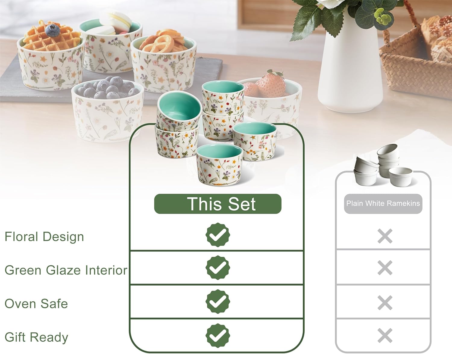 ONEMORE 6 oz Ramekins Oven Safe, Floral Ceramic Ramekin Set of 6 Mint Green Ramekins for Baking & Serving, Creme Brulee Dishes, Custard Pudding Souffle Cups, Small Dessert Bowls for Oven, Air Fryer