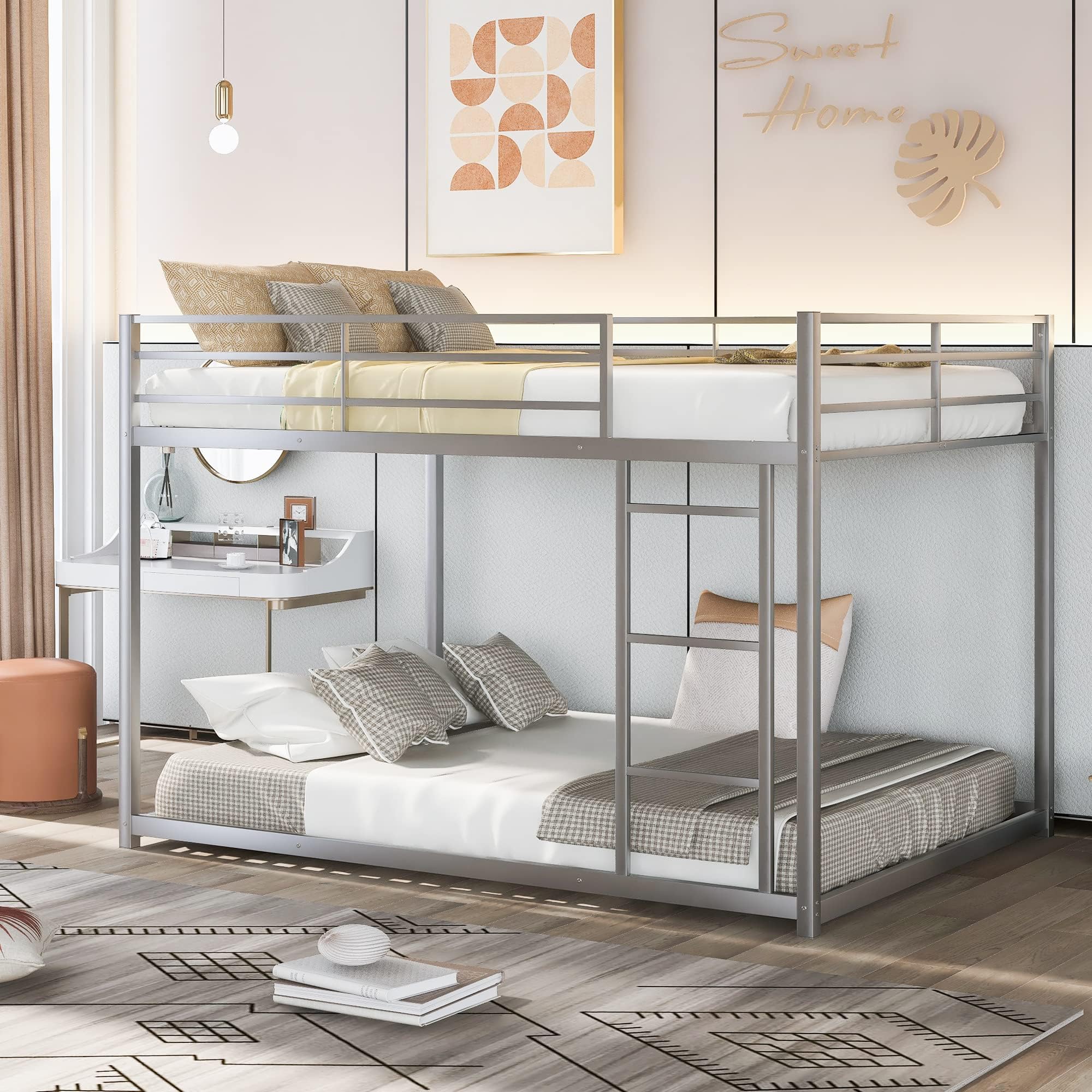 Bellemave Metal Bunk Bed Full Over Full, Low Profile Bunk Bed Frame with Ladder & Full Length Guardrail, Space-Saving Twin Size Bed Frame for Kids Teens, No Box Spring Needed (Silver)