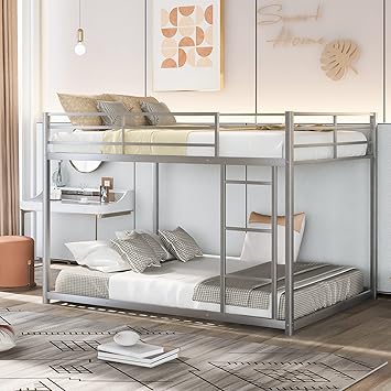 Metal Bunk Bed Full Over Full, Heavy Duty Low Bunk Bed Full Size for Kids Teens Adults Dormitory Silver