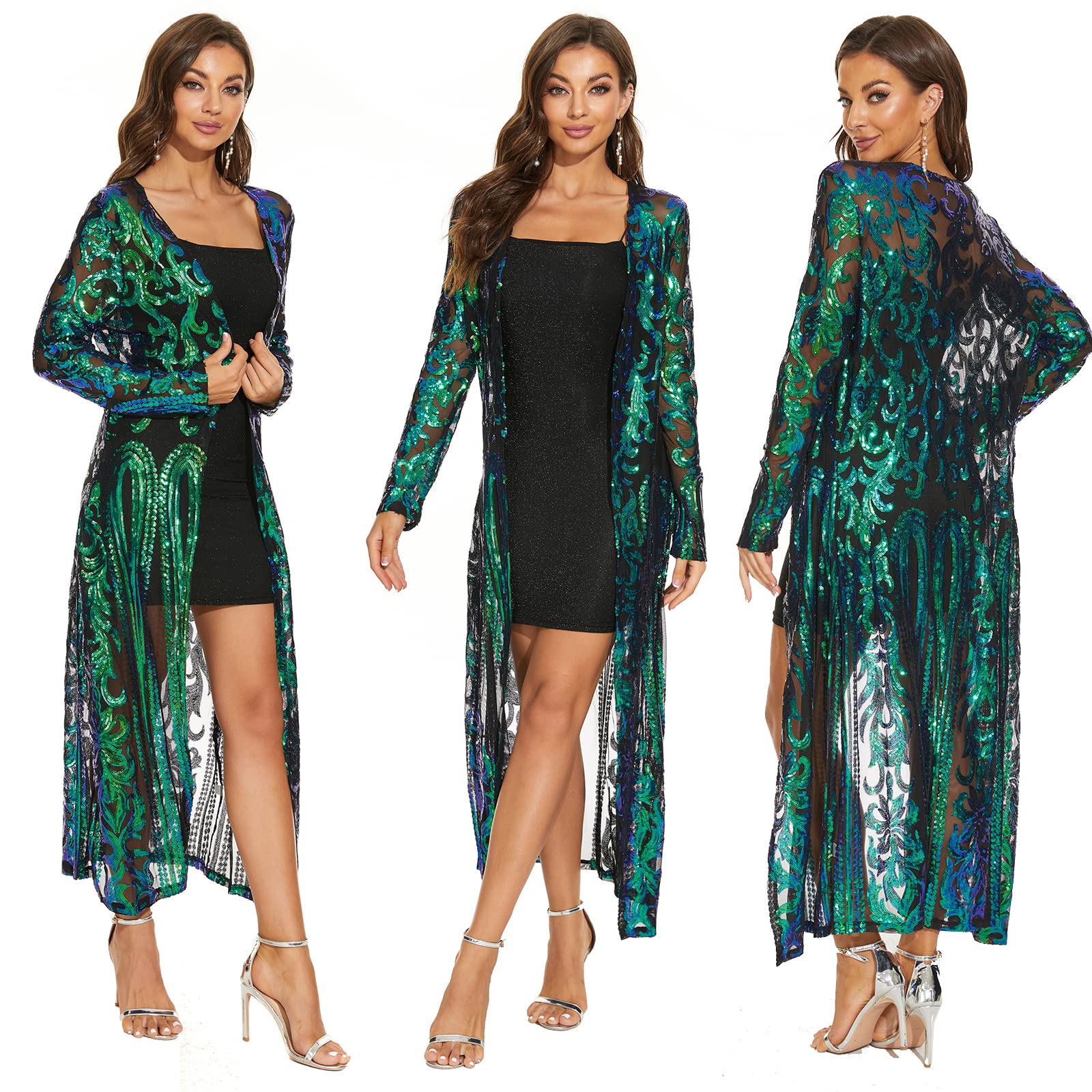 Womens Sequin Cardigan Summer Cover Up Dress Glitter Sparkle Open Front Coat Dresses Duster for Evening Prom