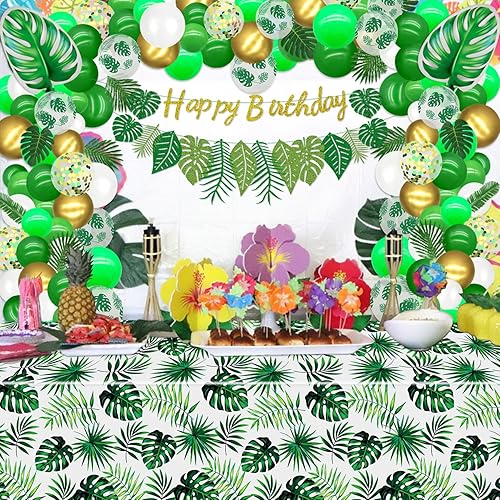 Miniatura 6 de Kit de guirnalda de arco de globos tropicales, pancarta hawaiana para fiesta de feliz cumpleaños, mantel de hojas de palma tropicales para Hawaii,