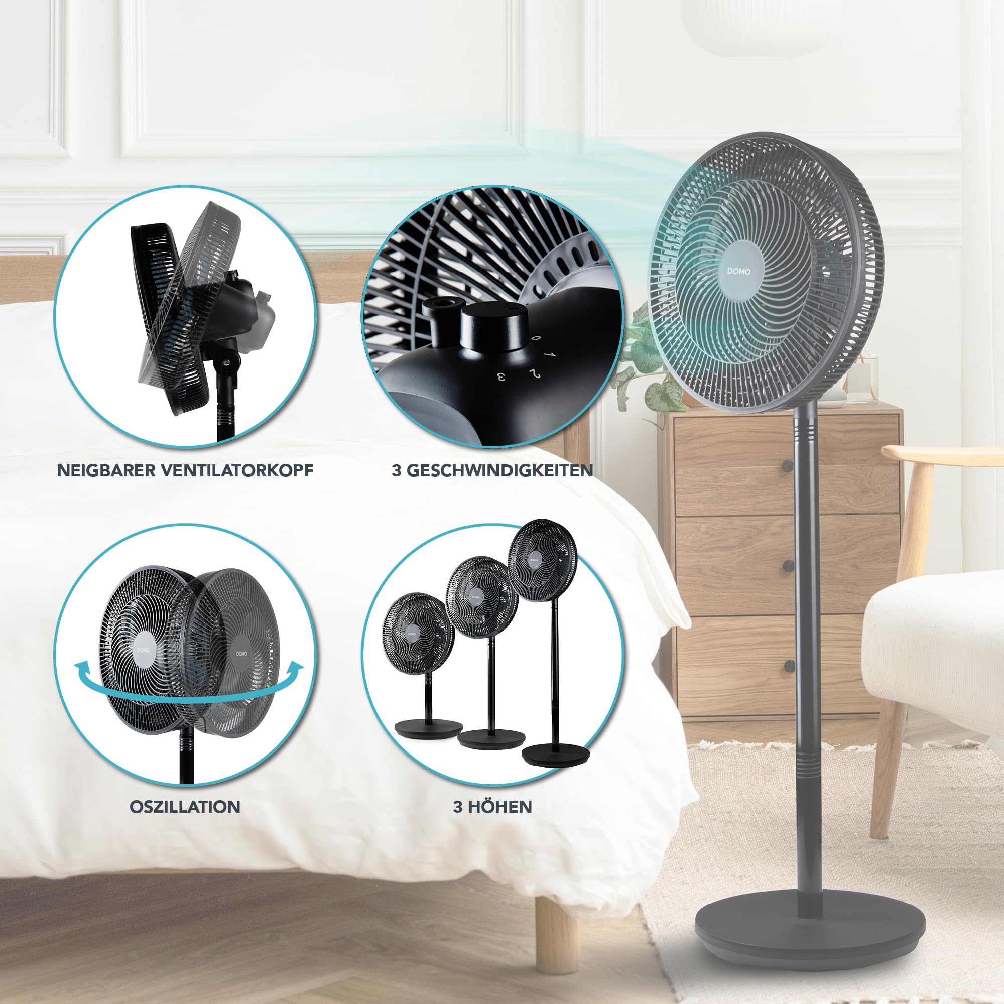 DOMO DO8159 wentylator stojący 2 w 1 Multiblade – wentylator z 7 łopatkami – cichy 44 dB – 3 poziomy oscylacji – regulacja wysokości – wentylator kolumnowy do sypialni i salonu