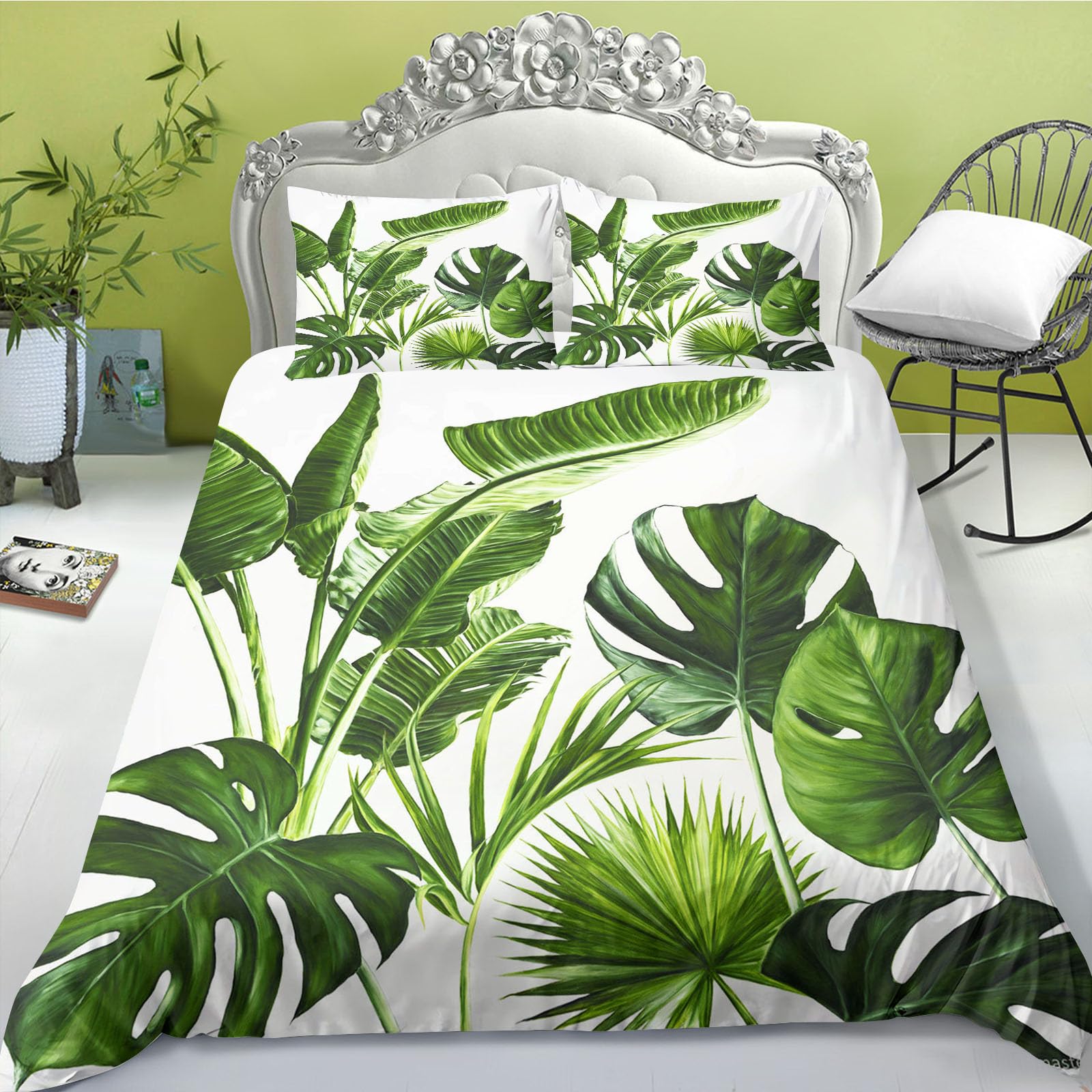 Parure de lit feuilles tropicales vertes 183x240cm pour lit simple