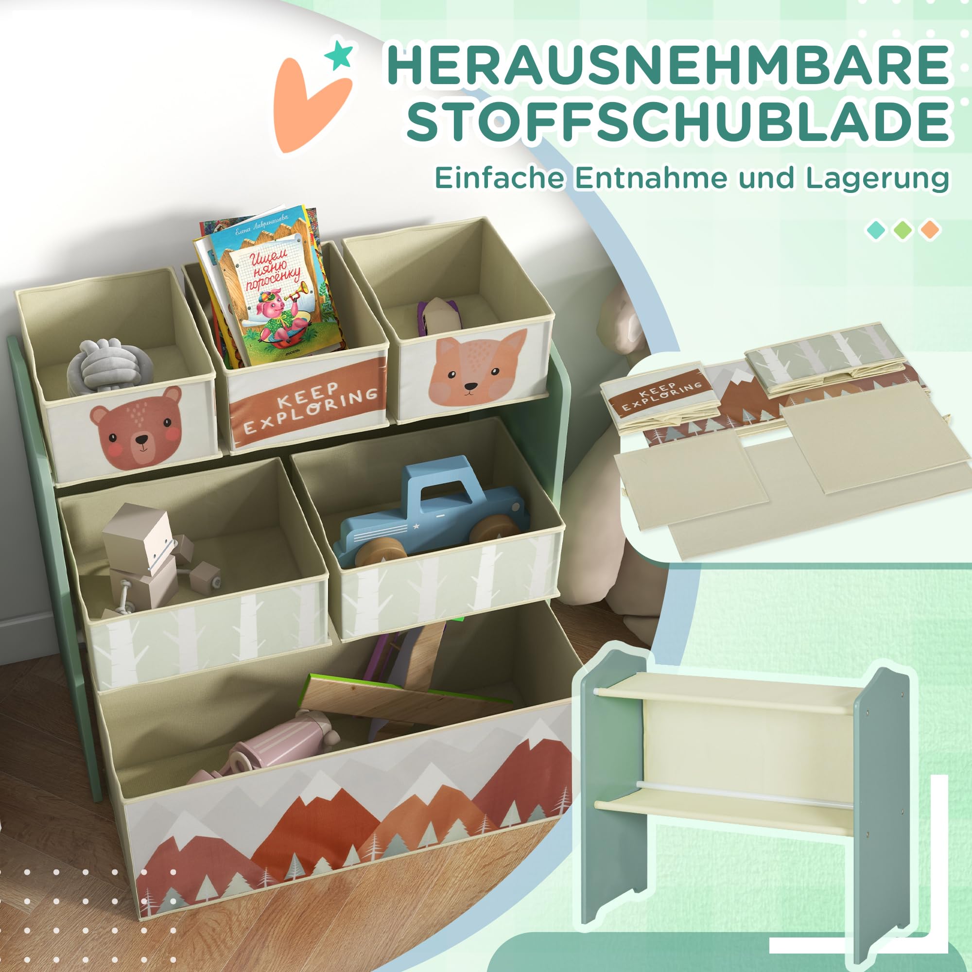 ZONEKIZ Kinderregal, Spielzeugregal mit 6 herausnehmbaren Aufbewahrungsboxen aus Vliesstoff, Bücherregal, Kinderzimmerregal für Kinderzimmer, Kindergarten, Spielzimmer, 63x30x66 cm, Grün