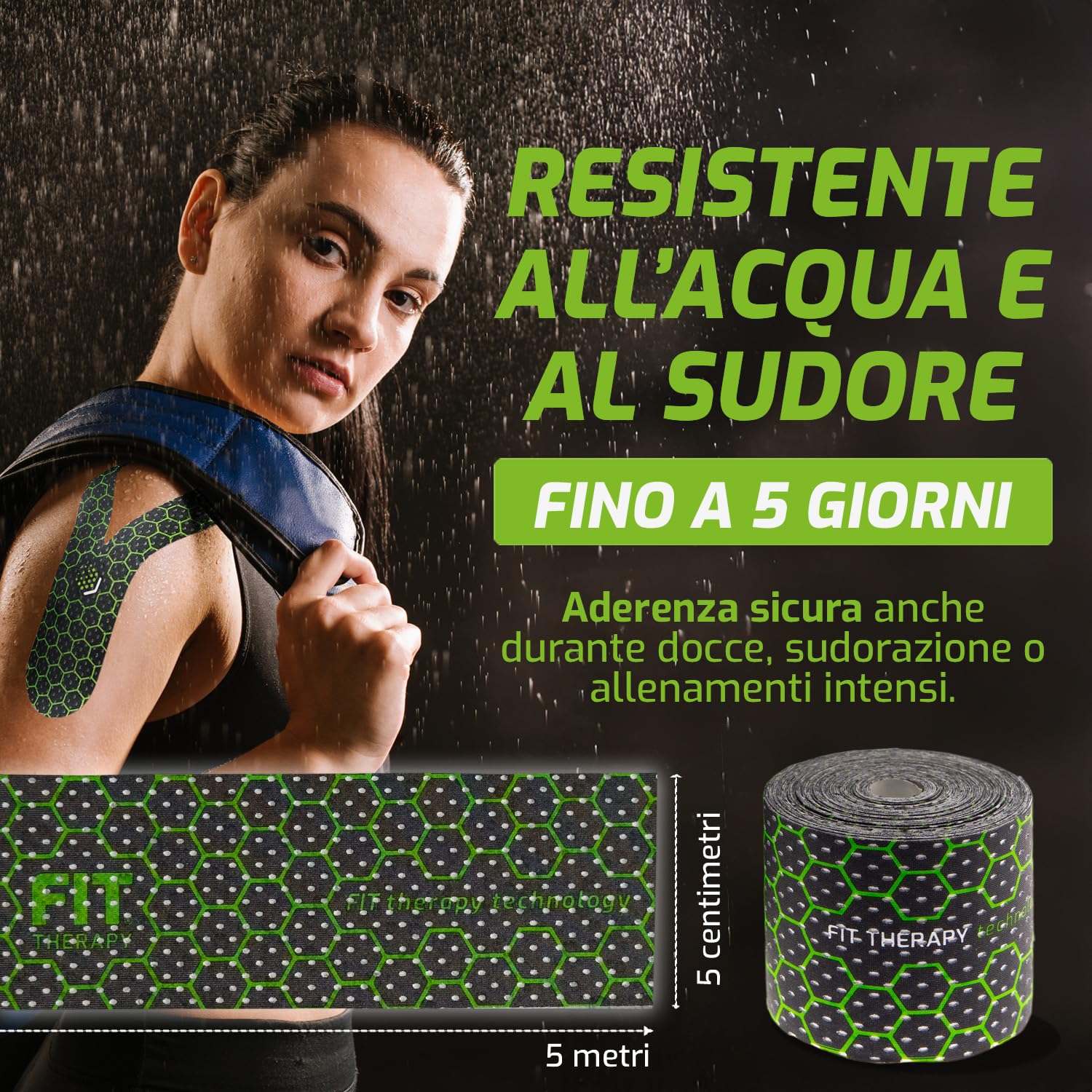 FIT Therapy – Tape Kinesiologico Professionale per Sport e Recupero Muscolare – Kinesio Tape Antidolorifico e Antinfiammatorio – NON SCALDA, Impermeabile, Senza Farmaci, Dura 5 giorni (5 Metri)