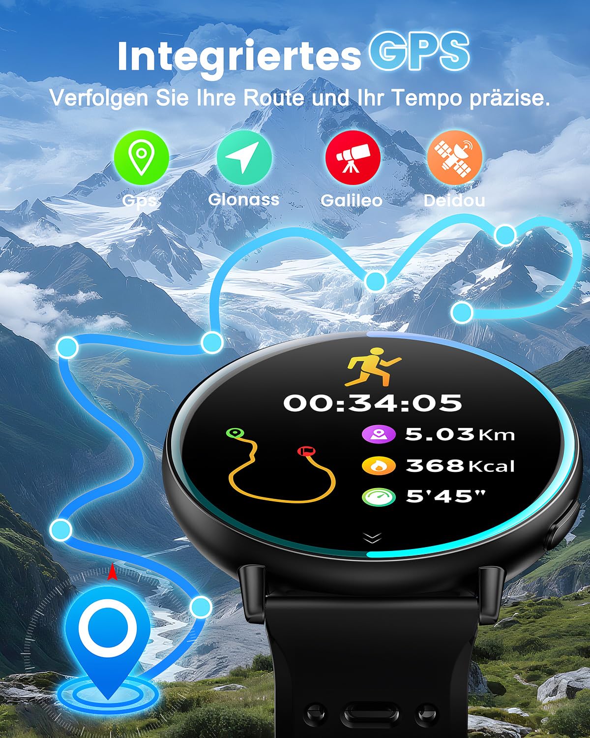 GPS Smartwatch Herren, 1.39" Smart Watch for Men mit Bluetooth Anruf, Sportmodi,Herzfrequenz, Blutdruckmessung, GPS Sportuhr für iOS Android