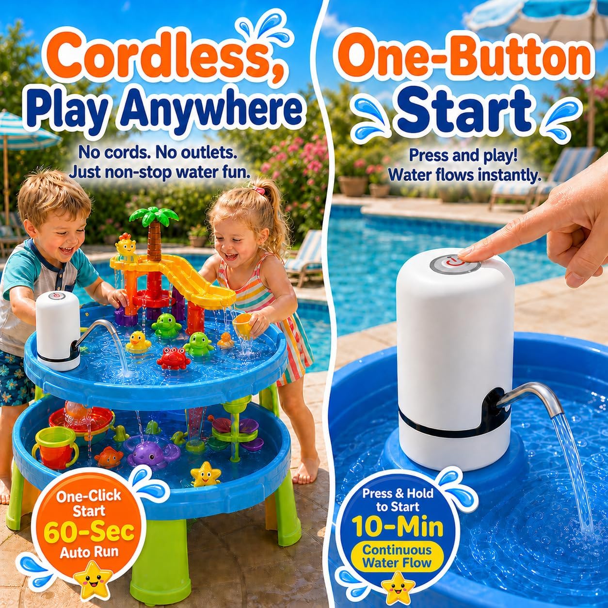 Water Table Pump for Kids - Rechargeable Kids Water Pump for Table with 3 Hours Continuous Flow, Easy Install Portable Water Table Accessories for Summer Outdoor Water Play (White)