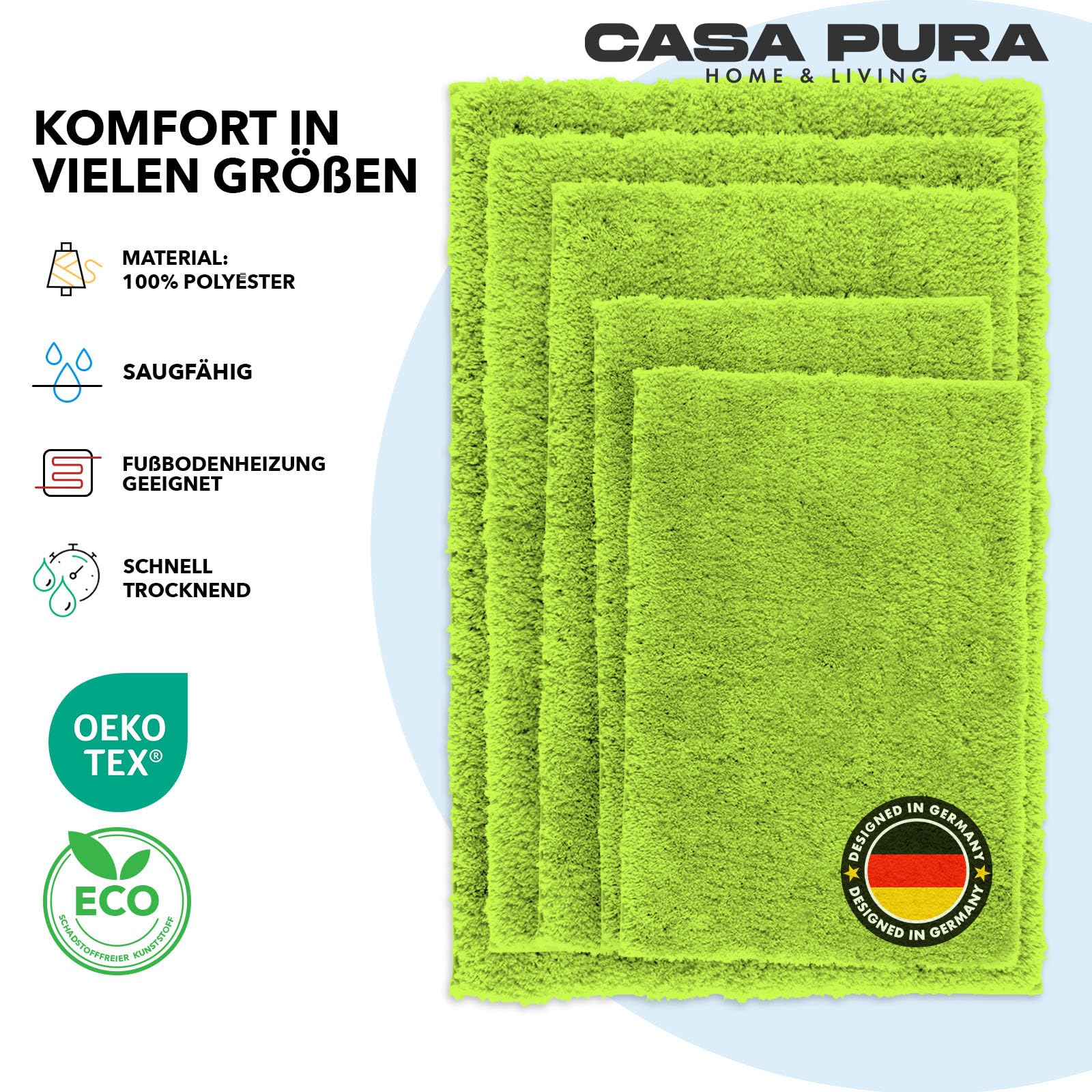 Alfombrilla de baño casa Pura -Sky Soft - de Pelo Largo, Alfombrilla de baño Antideslizante, combinable en Juegos, Certificado Oeko-Tex 100, Microfibra, Apple Green/Grün, 80 x 150 cm
