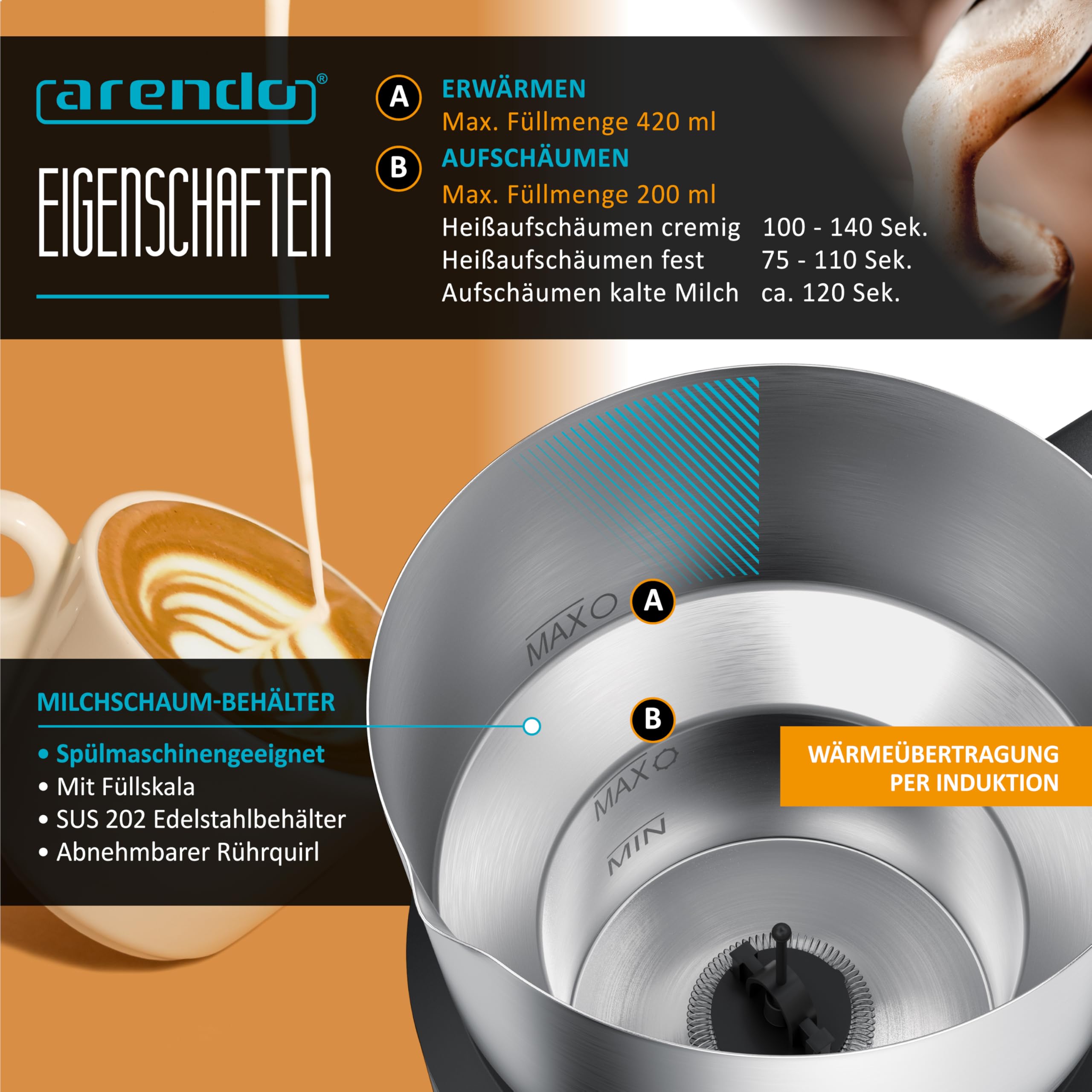 Arendo - Montalatte a induzione - Montalatte elettrico a induzione senza bruciatura - fino a 400 ml - Schiuma di latte calda e fredda - 4 temperature - Milk Spugna Caffè Latte Cappuccino