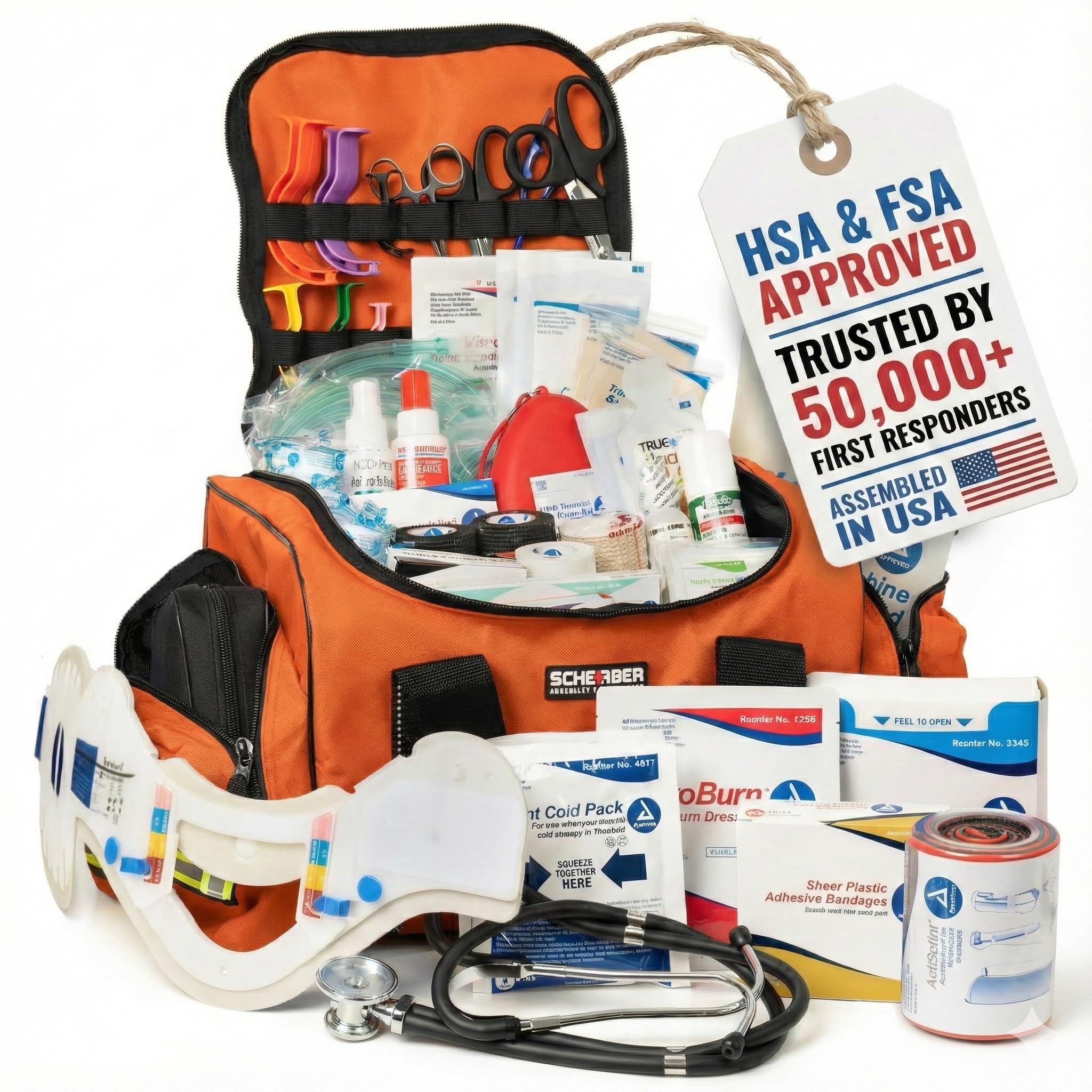 Scherber First Responder Fully-Stocked Large Professional Essentials EMT/EMS Trauma Kit | HSA/FSA Approved | Reflective Bag w/8 Zippered Pockets &