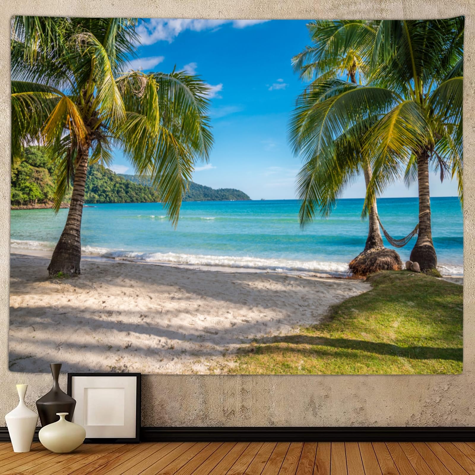 Calefee Tapisserie Murale Chambre L 200 x H 200, Tenture Murale en Polyester avec Motif Paysage Nature Mer, Palmiers
