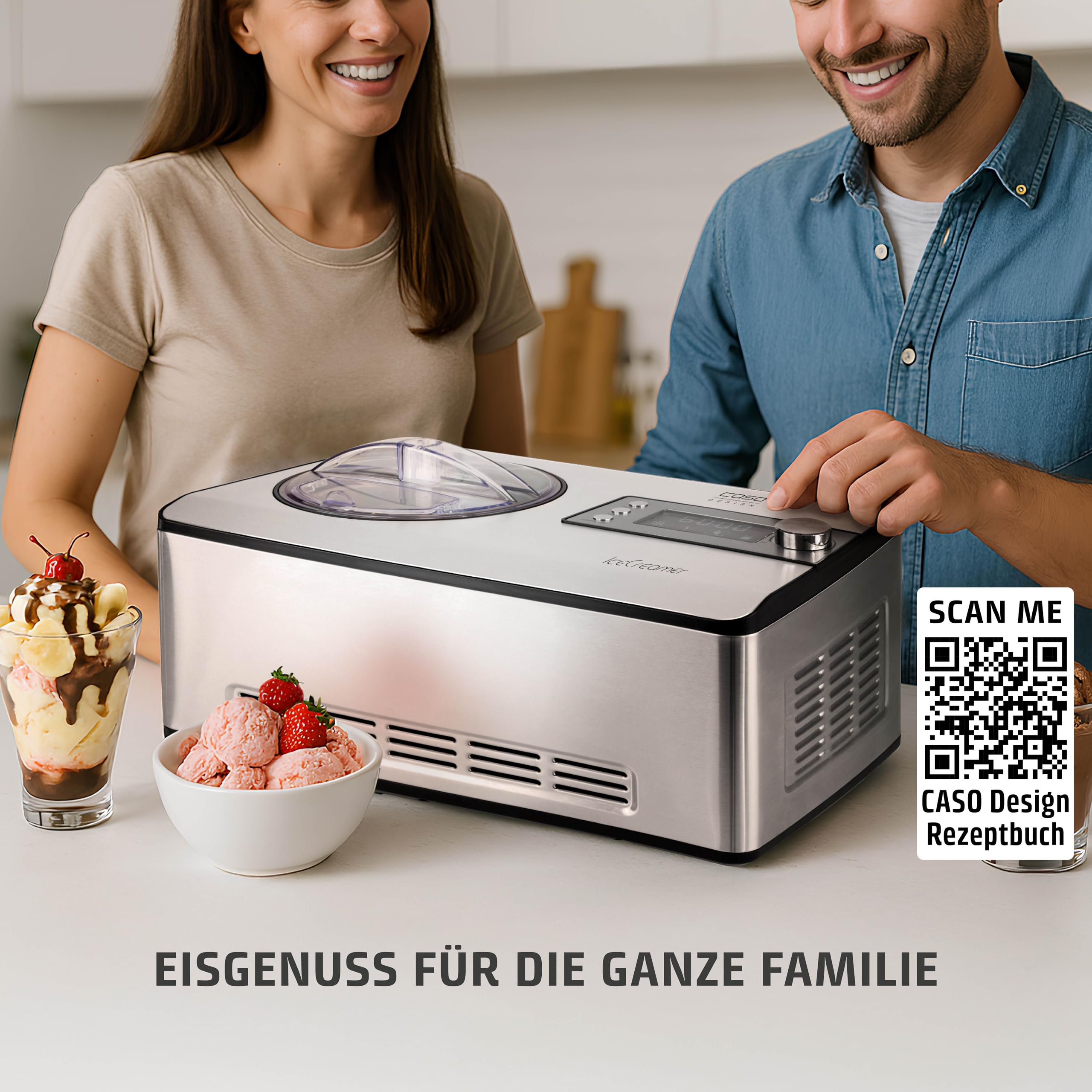 CASO Ice Creamer - 2 in 1 Design Eismaschine und Joghurtmaschine mit Kompressortechnik, kein Vorkühlen notwendig, produziert bis zu 2 Liter Eiscreme, Speiseeis oder Joghurt