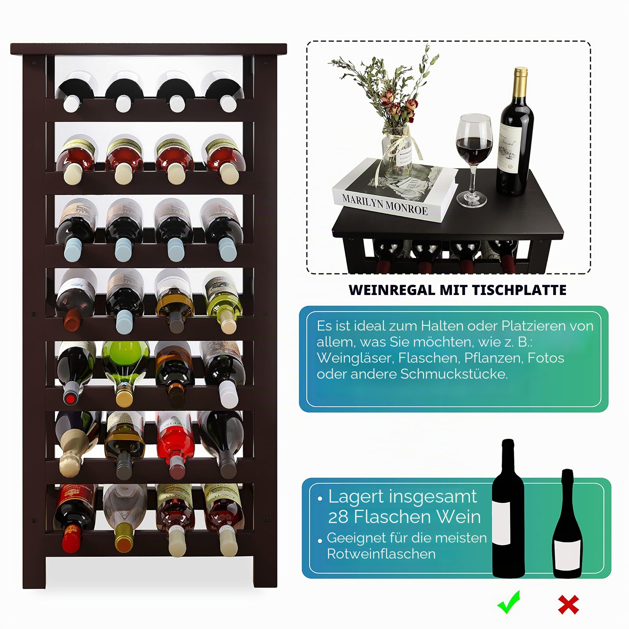 SMIBUY Weinregal aus Bambus, für 28 Flaschen, 7 Etagen, freistehend, für Küche, Speisekammer, Keller, Bar (Dunkelbraun)