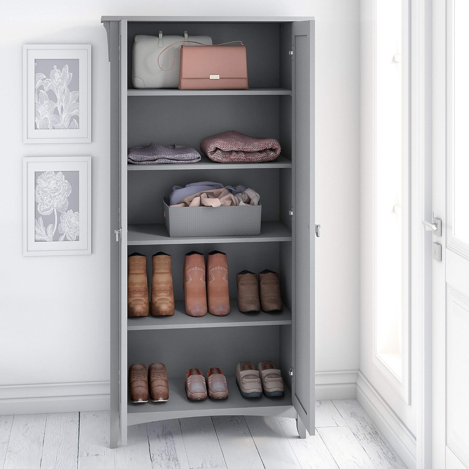 Bush Furniture Salinas Tall Storage Cabinet | Modern Farmhouse Accent Chest with Doors & Adjustable Shelves in Cape Cod Gray | Cupboard for Home Office, Living Room, Kitchen & Entryway