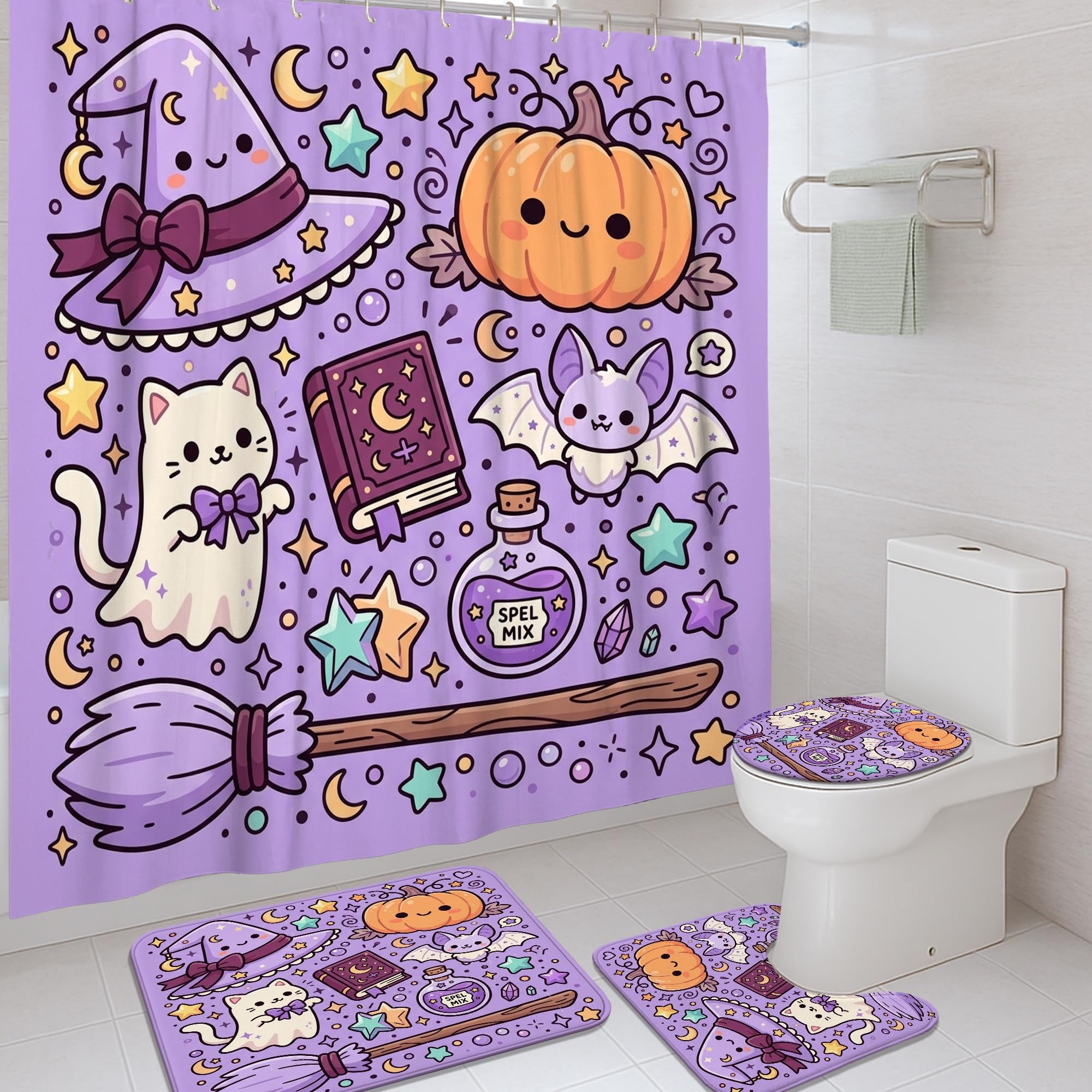 Tapis décoratif pour baignoire et rideau de douche chauve-souris Halloween