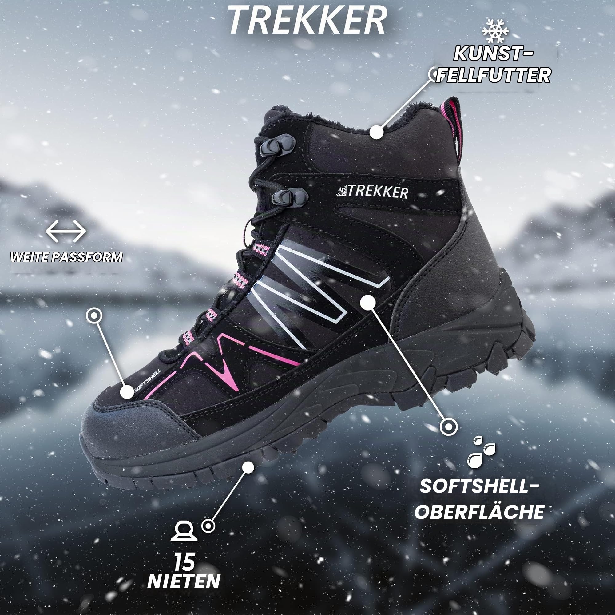 Nordic ProStore Winterschuhe mit Spikes, Winterboots Damen Gefüttert mit Stahl Spikes, Wasserfeste Winterstiefel Damen und Herren, Wasserdicht Warme Winterschuhe Frauen Unisex, Pink
