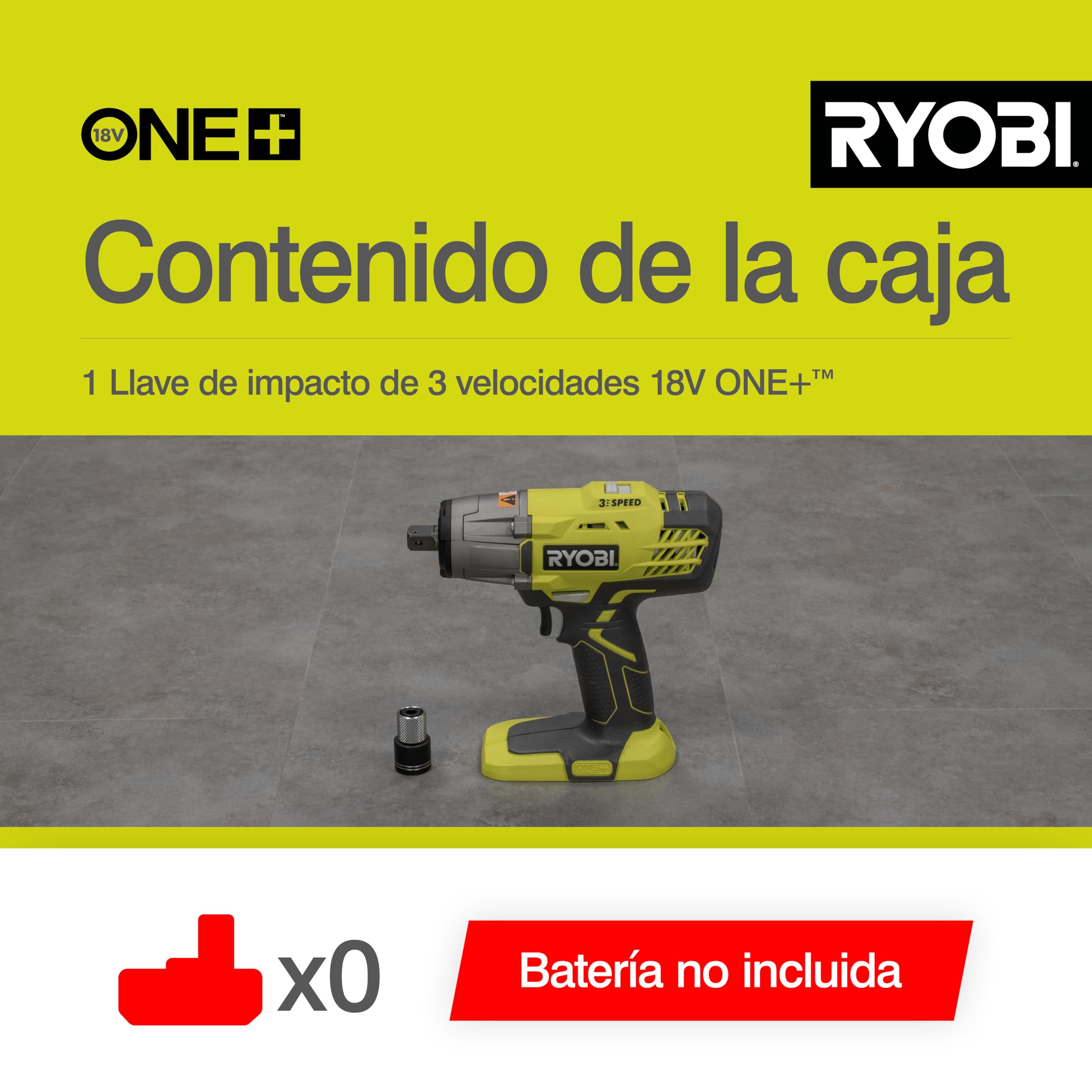 Ryobi - Llave de Impacto Eléctrica Sin Cable 18V ONE+ 400Nm - 3 Velocidades y 3 Pares de Apriete - Accesorio de Fijación Cuadrado 1/2" y Adaptador Hexagonal 1/4" - Inversor de Rotación - R18IW3-0