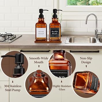 Pollock 2 Pcs 500ml Glass Soap Dispenser with 304 Stainless Steel Pump, Rustproof, Hand and Dish Soap Dispenser, with Waterproof Labels and Tray, for Bathroom, Kitchen, Countertop, Laundry Room, Brown
