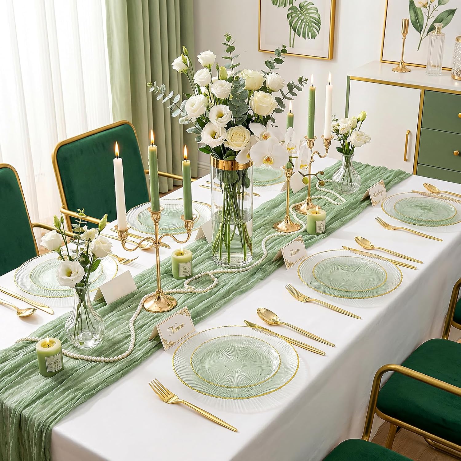 DaYammi 60Pcs Sage Green Plastic Plates with Gold Rim,Disposable Plates Set Includes 30 Dinner Plate & 30 Salad Plate,Fancy Green Party Plates with Radial Texture for Party Wedding Dinner Easter