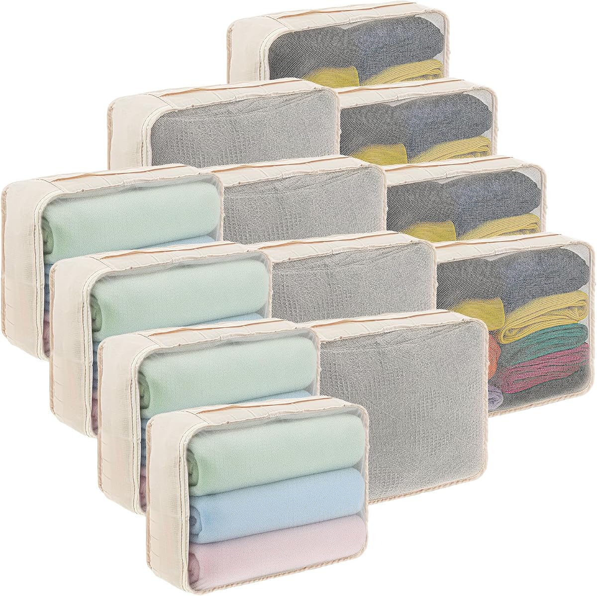 Kifmurase 12 cubos de embalaje para maletas, organizadores de equipaje de viaje, bolsas de malla grandes para ropa interior, bolsas de lavandería plegables para senderismo, camping, mochilero, accesorios de ropa (beige)