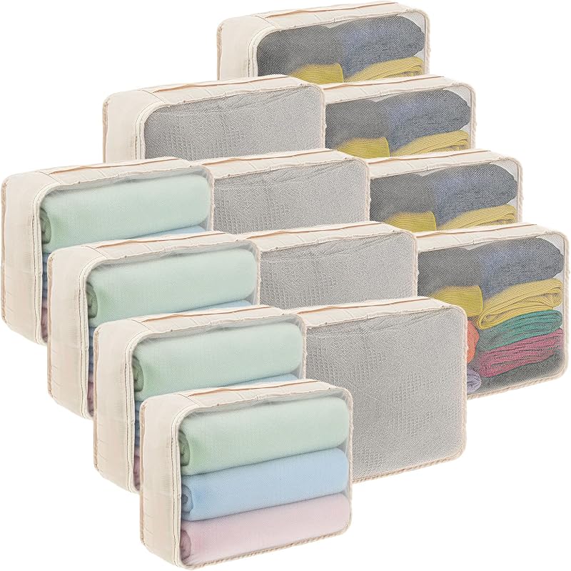 Kifmurase 12 cubos de embalaje para valija, organizadores de equipaje de viaje, bolsas de malla grandes para ropa interior, bolsas de lavandería plegables para senderismo, camping, mochilero, accesorios de ropa (beige)