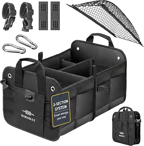 Organizador de maletero de 2 secciones plegable, contenedor de almacenamiento para coche compacto, organizador automático de doble compartimento