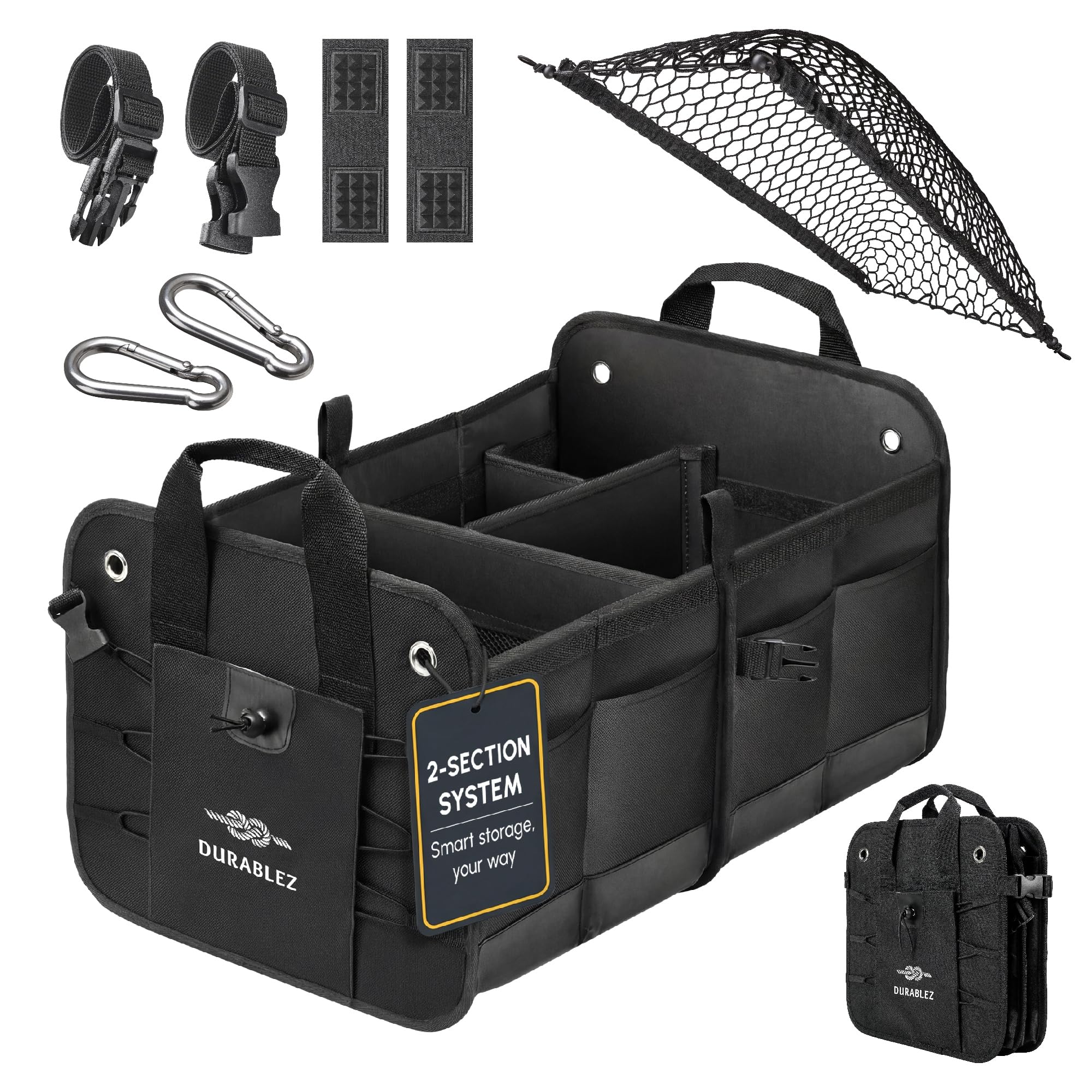 Organizador de maletero de coche, plegable, con red de cobertura, separadores extraíbles, almohadillas antideslizantes acoplables, correas de montaje y ganchos inoxidables, para SUV, camión, sedán,
