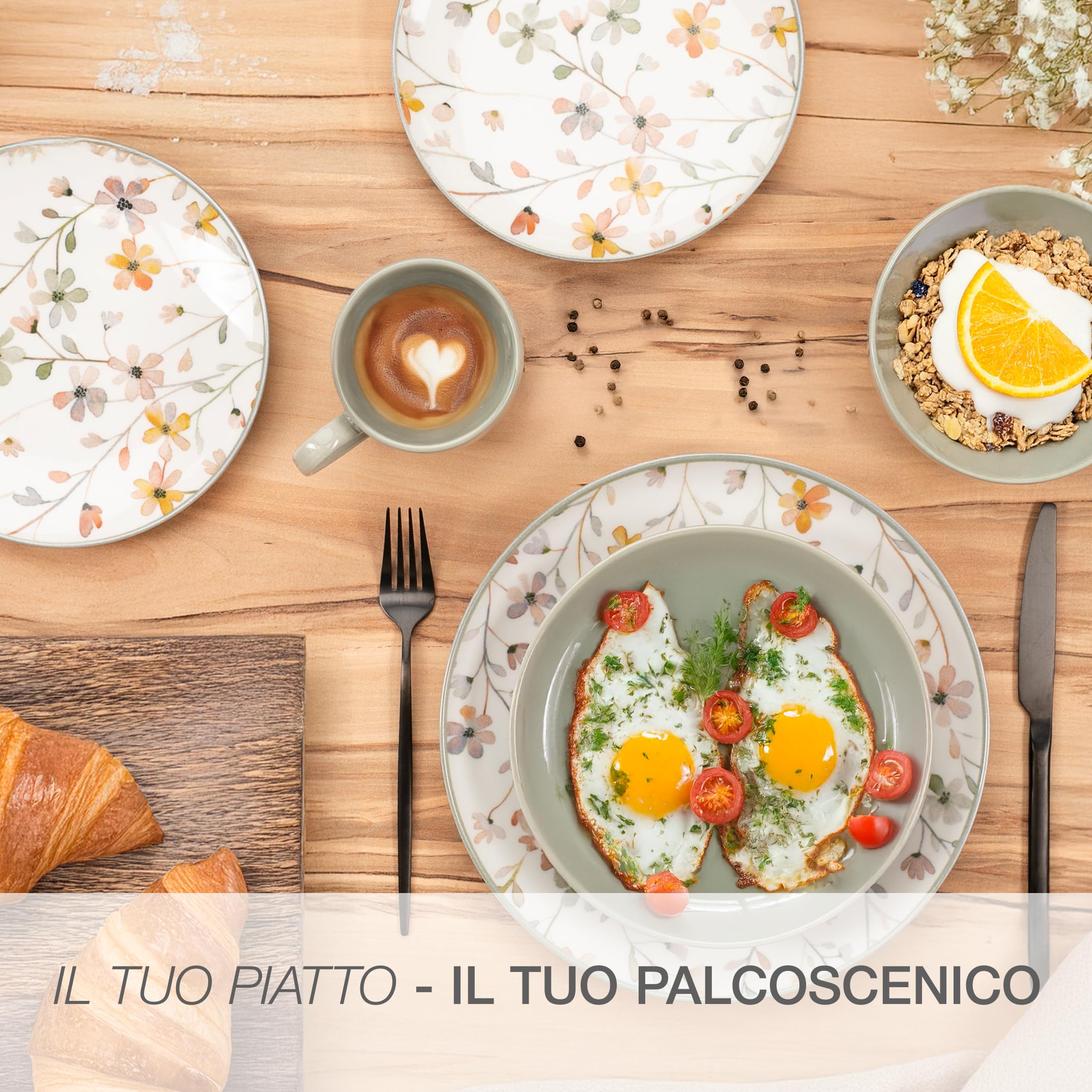 Moritz & Moritz PRIMAVERA Servizio di stoviglie in gres per 6 persone 24 pezzi - Moderno servizio da tavola con design giocoso, Servizio da caffè facile da curare con set di piatti, ciotole e tazze