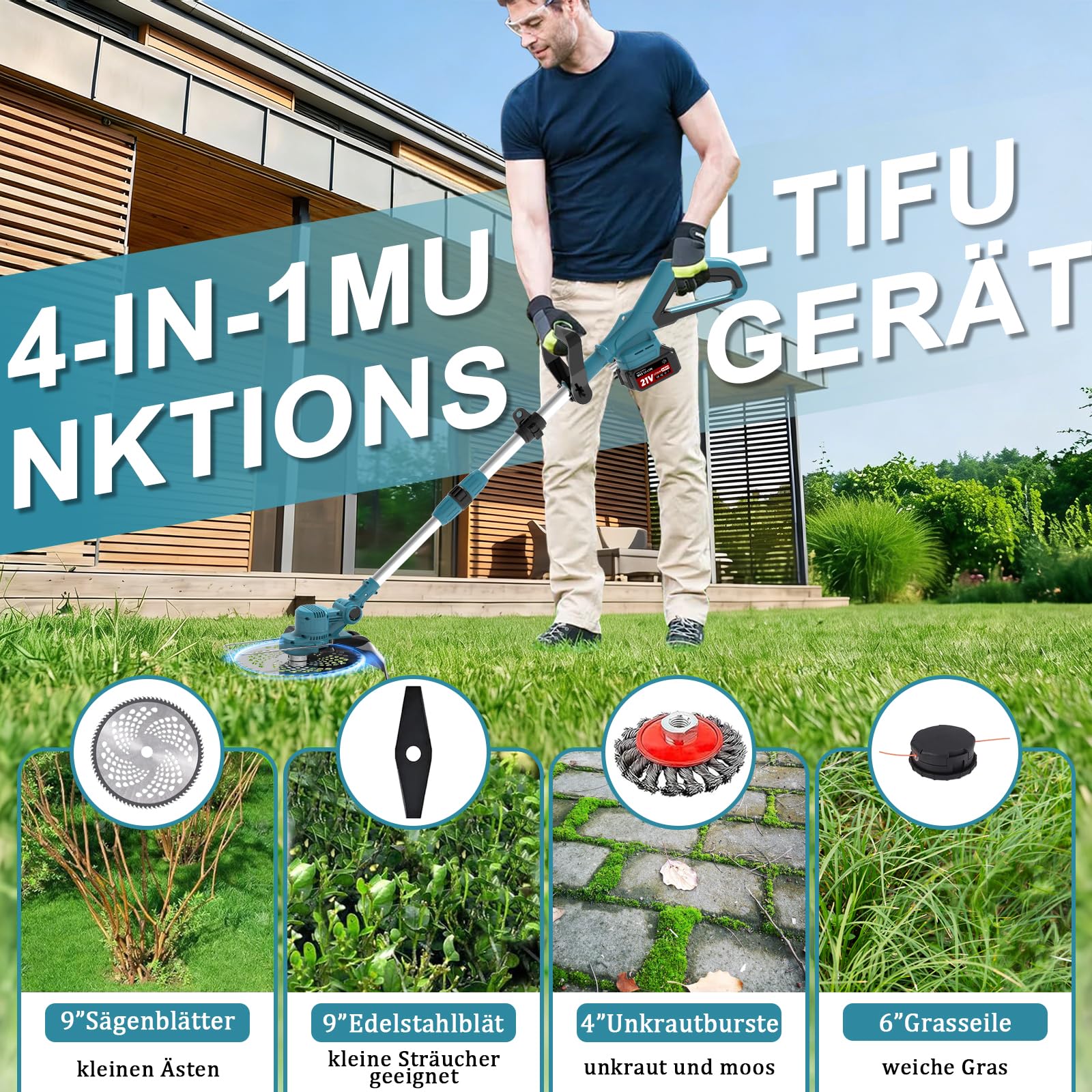 Rasentrimmer für Makita-Akkus mit 4 Klingentypen, Rasentrimmer mit Akku 2 4,0Ah und Unkrautbürste, 4-in-1 Akku Freischneider-Rasenkantenschneider für Garten Trimming, 180° Faltbar, 90° Trimmwinkel