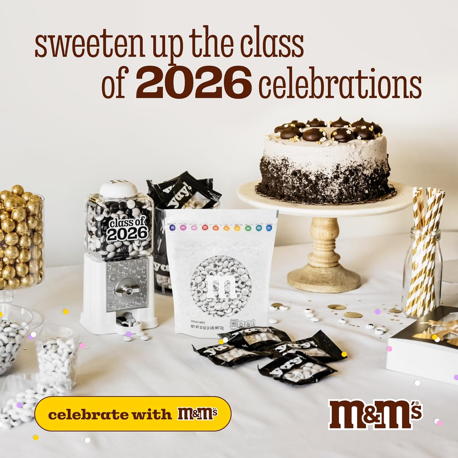 M&M’S WORLD Class of 2026 Milk Chocolate Candies, 2 Pounds of White Bulk Candy Printed With Grad-Themed Images, Resealable Bag for Graduation Parties, Grad Gifts, DIY Favors & More