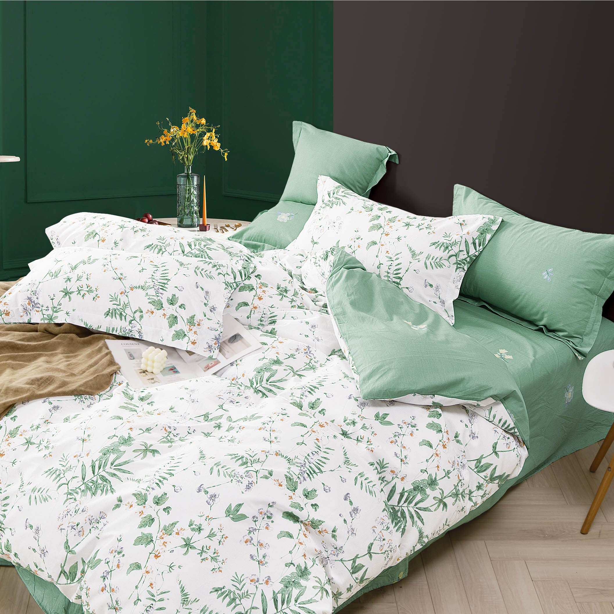 KEAYOO Bettwäsche 135x200 cm Blumen Muster, 100% Baumwolle, Bettbezug mit Reißverschluss und 1 Kissenbezug 80x80 cm, Weich, Atmungsaktiv, Florale Bettwäsche Grün Weiß