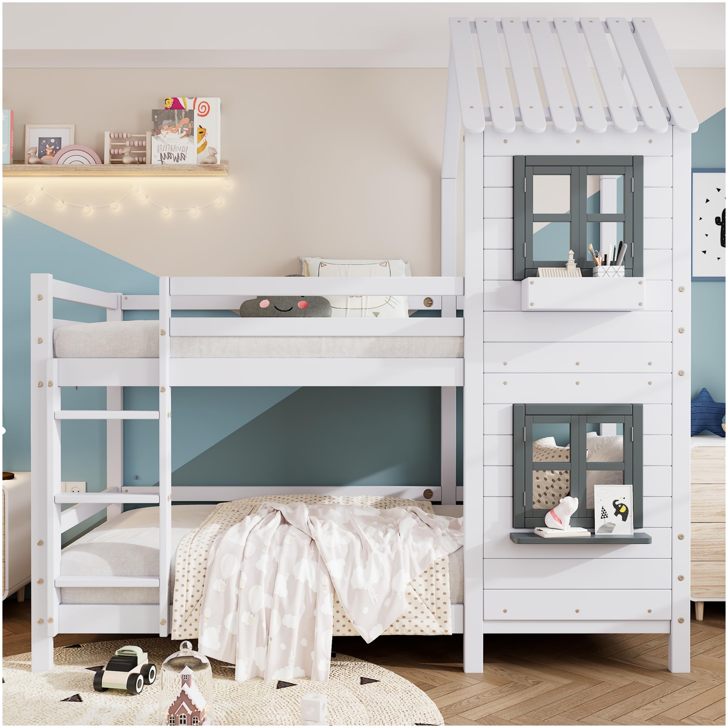 Lubvtti Litera Infantil 90 x 200 cm con pasamanos y Ventana,Cama Infantil con protección contra caídas y barandilla,Cama de Matrimonio,Estructura Cama de Pino con Base de láminas,Blanco