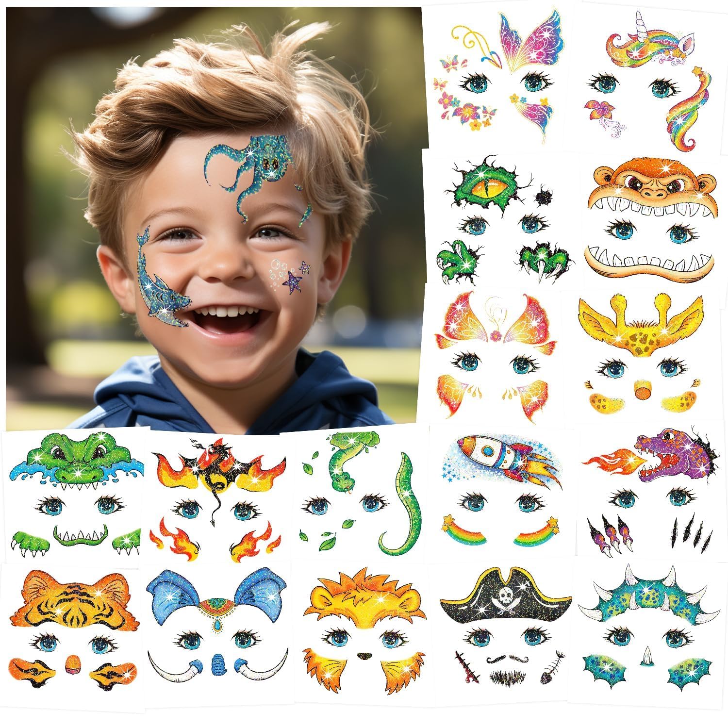 Partywind Glitter Temporary Face Tattoos for Kids Face Painting