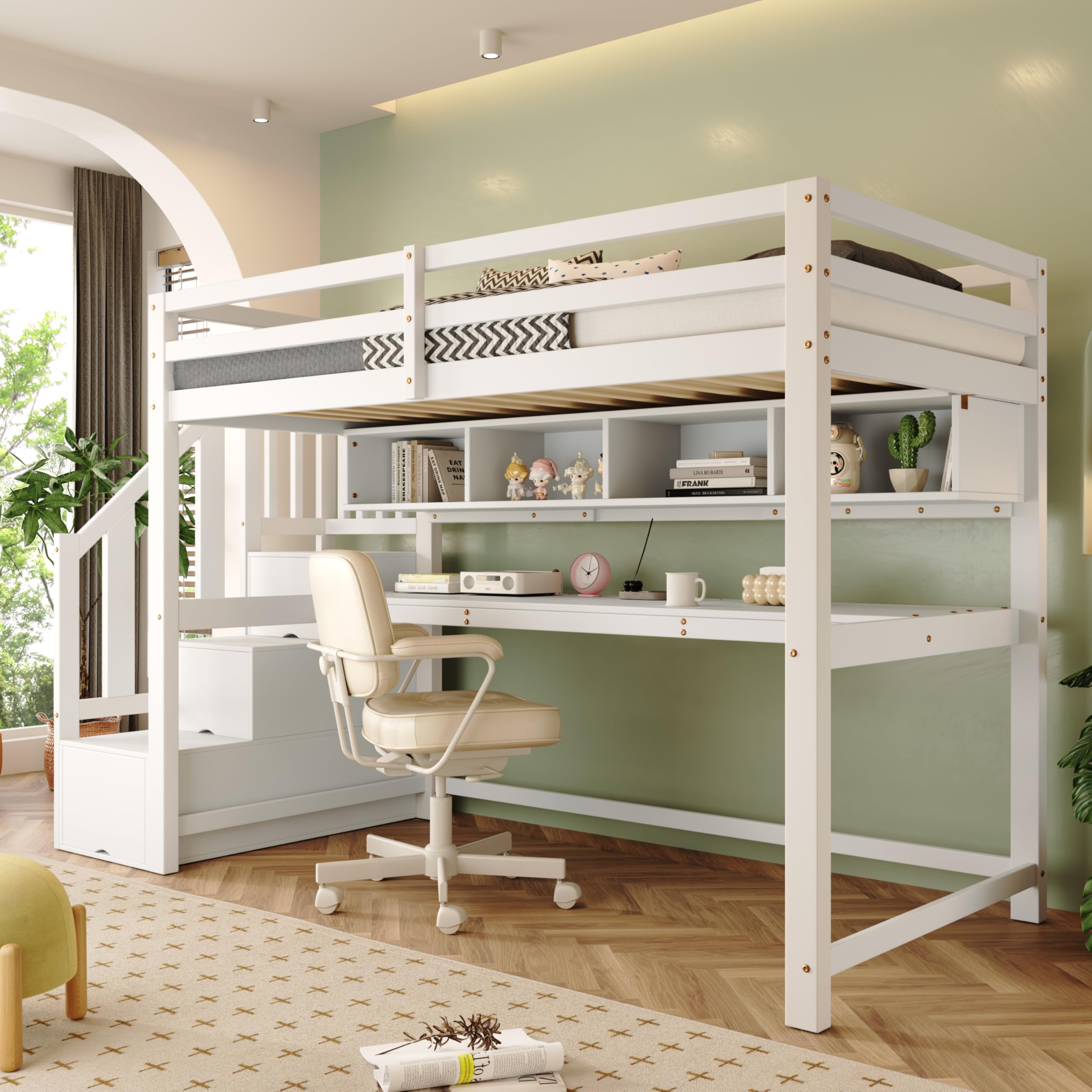 Sapgaks Lit superposé Enfant 90 x 200 avec Bureau et étagères,lit cabane Enfants 90 x 200,lit Mezzanine 1 Places avec Barriere,avec escalier de Rangement,Blanc