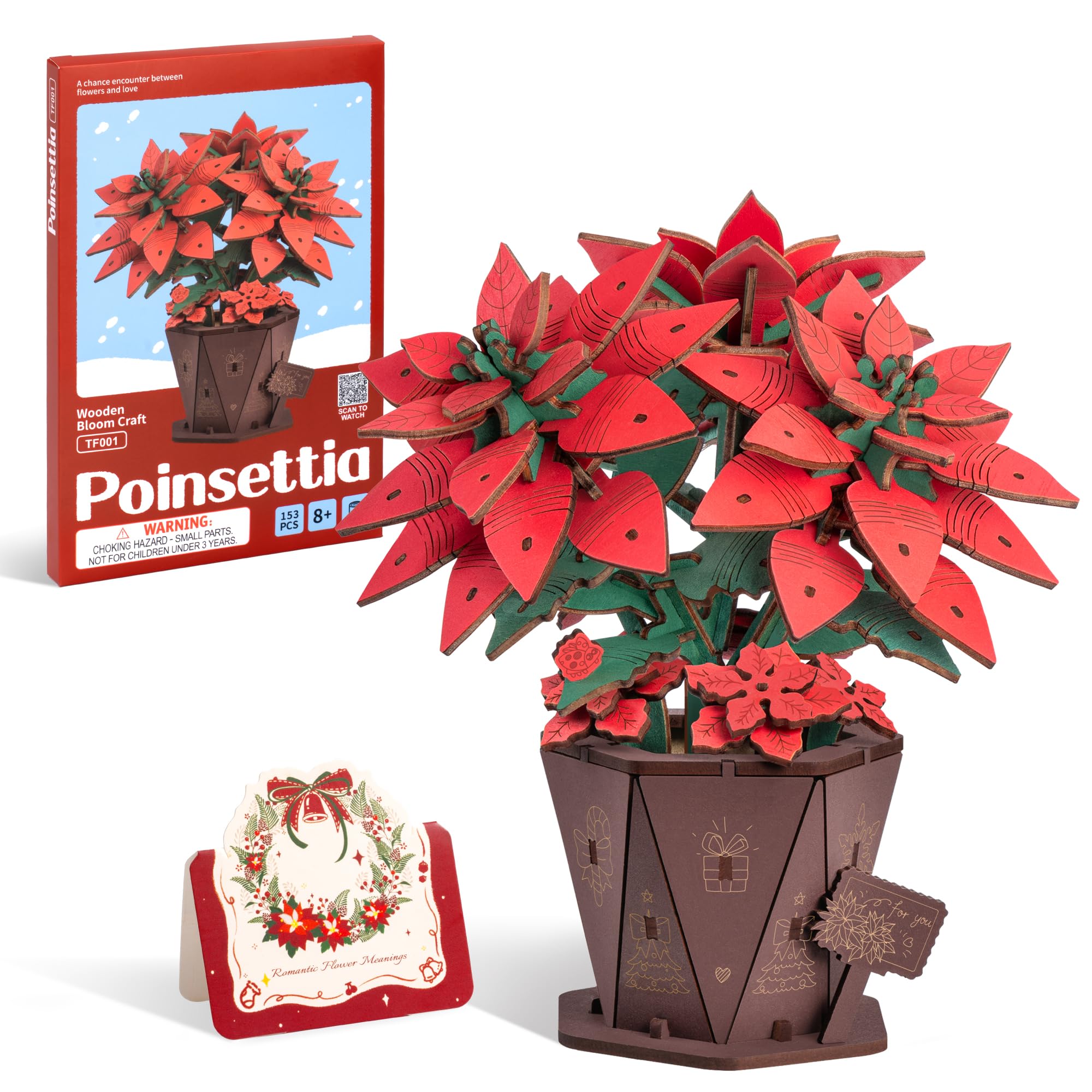 ROBOTIME 3D Puzzle Poinsettia, Wooden Artificial Flower Model Kits for Adults to Build Home Decor Accessories