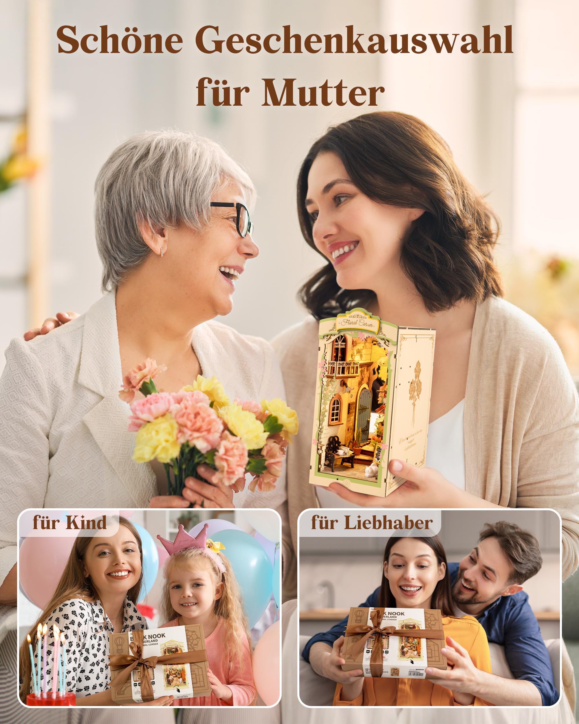 Rolife Floral Corner Book Nook Bausatz für Erwachsene mit LED, Ohne Kleber