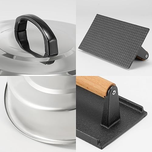 Miniatura 7 de BBQ Accessories - Cubierta redonda de acero inoxidable de 12 pulgadas, cúpula de fusión de queso, kit de prensa rectangular de hierro fundido para