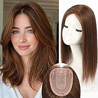 Vista 22 de HAIRCUBE Toppers de cabello humano para mujeres, 100% Remy Topper con flequillo, 150% densidad base de seda topper con clip 14 pulgadas 1.41 oz