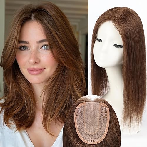 Vista 22 de HAIRCUBE Toppers de cabello humano para mujeres, 100% Remy Topper con flequillo, 150% densidad base de seda topper con clip 14 pulgadas 1.41 oz