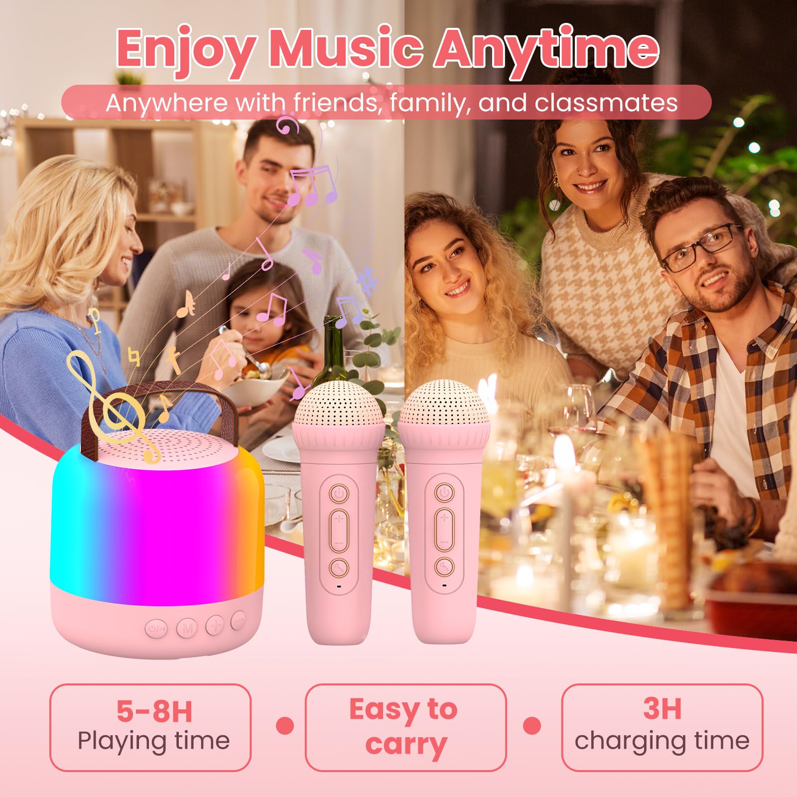 AIUNAOM Karaoke per Bambini con 2 Microfoni Senza Fili Bluetooth, Regalo Bambina 3-12 Anni, Luci LED ed Effetti di Cambio Voce Macchina per Karaoke Portatile Regalo Ragazza e Ragazzi Giocattoli
