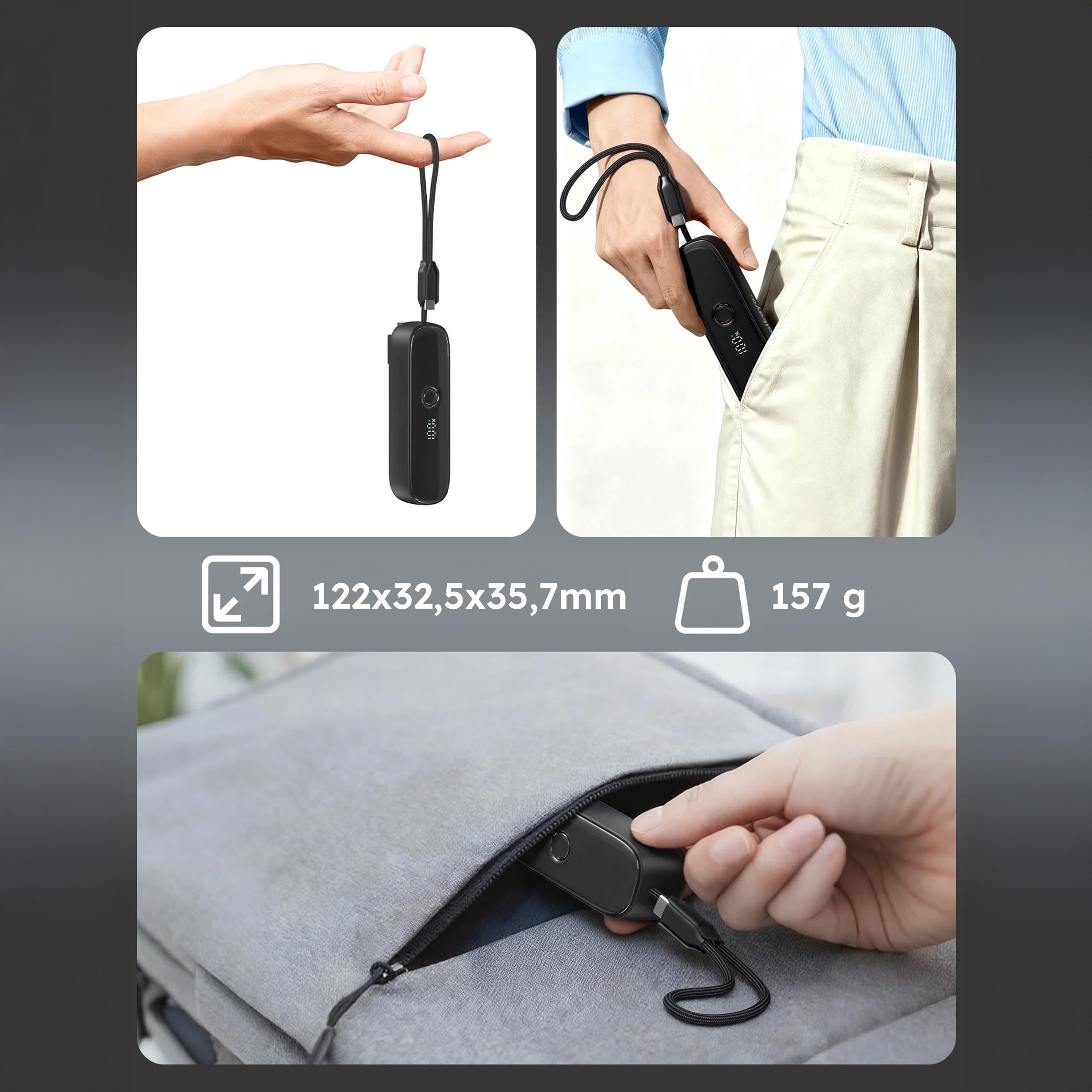 Alkaya Banque d'alimentation 2 en 1 5000 mAh avec prise murale UE pliable, charge super rapide USB-C 22 W, indicateur de pourcentage LED, seulement 157 g, batterie externe portable pour bureau, voyage