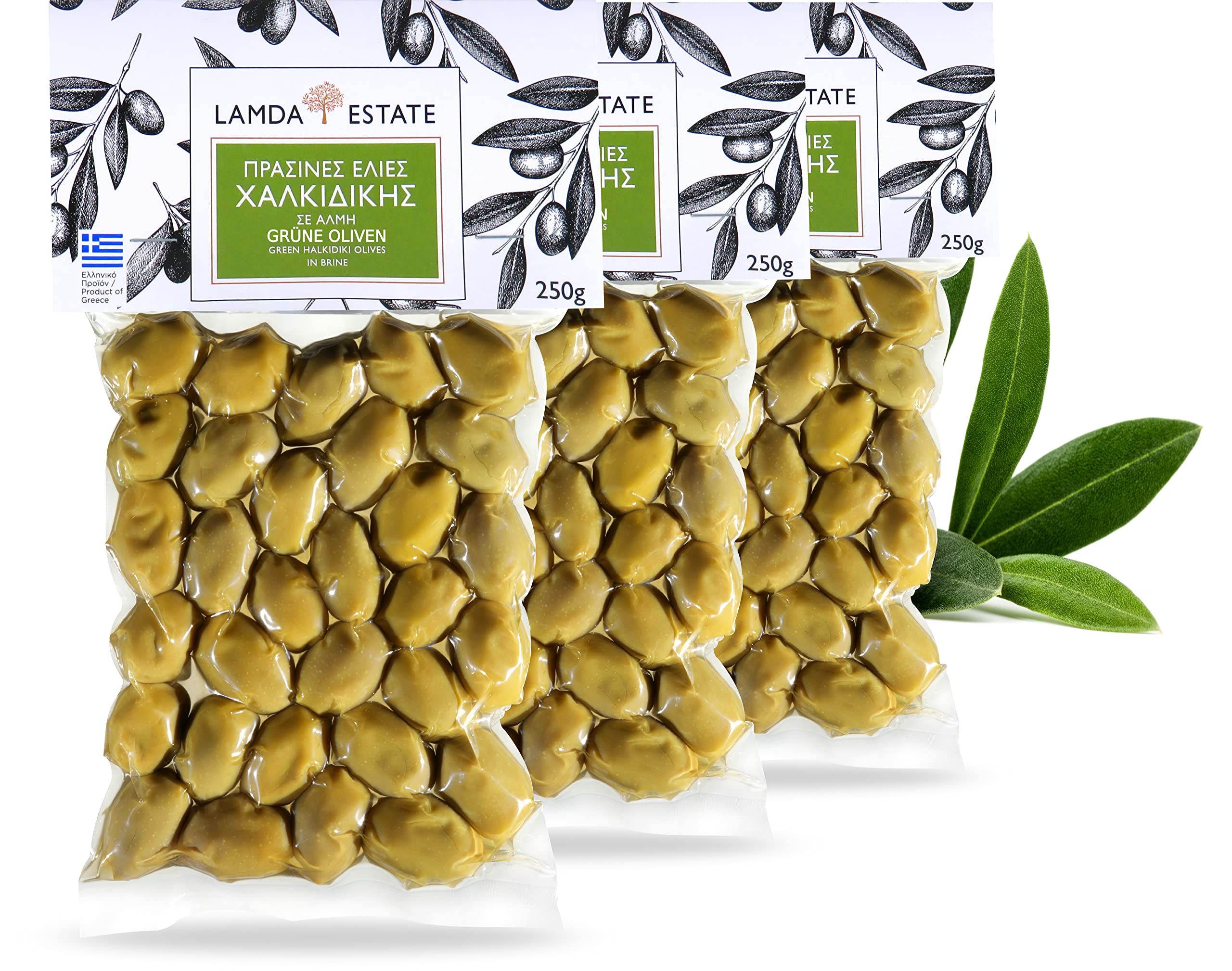 Lamda Estate – Griechische grüne Oliven mit Stein aus Chalkidiki | Frisch eingelegt in Salzlake | Vakuumverpackt 3x 250g | Premium Qualität