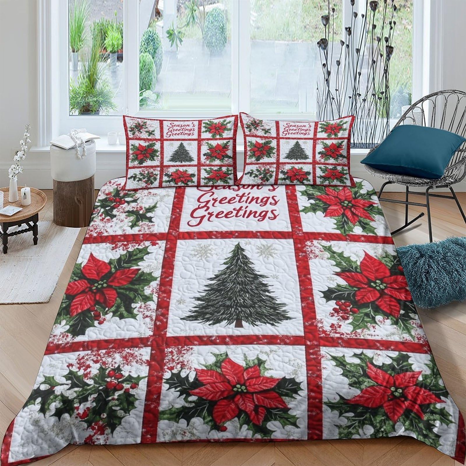 Ctjqhvkz Style-9 3D Printed Christmas Tree Fitted Sheet Microfiber Soft Festive Poinsettia Bed Cover For Bedroom Guest Room Decor Single（135X200cm）